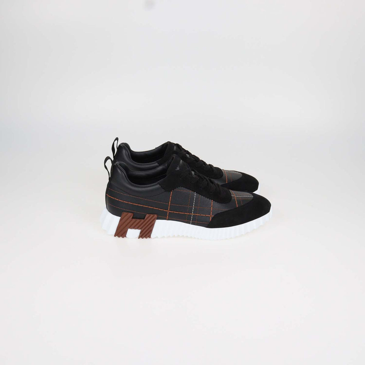 Hermes Black Leather and Suede Stitched Bouncing Sneakers