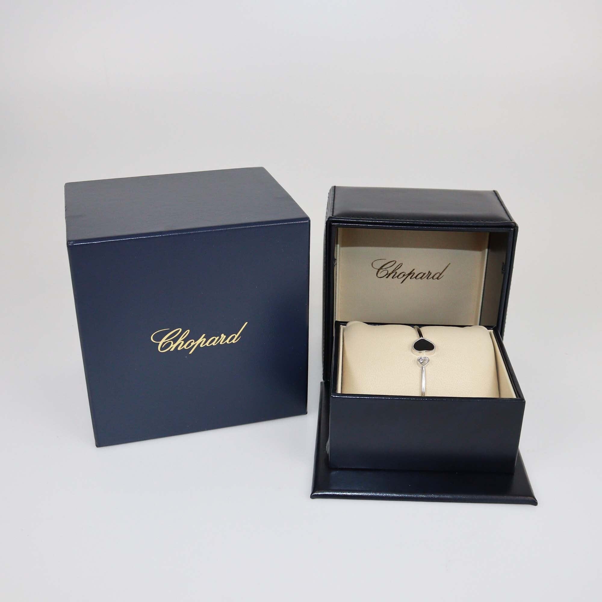 Chopard 18K White Gold Diamond Onyx Happy Hearts Bangle Size M/17 Womens Chopard