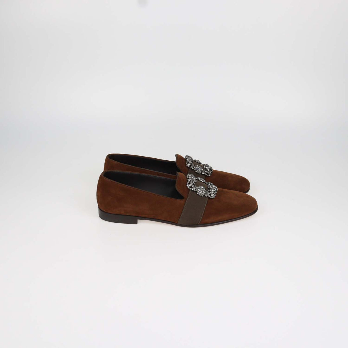 Manolo Blahnik Brown Suede Jewel Buckle Carlton Loafers
