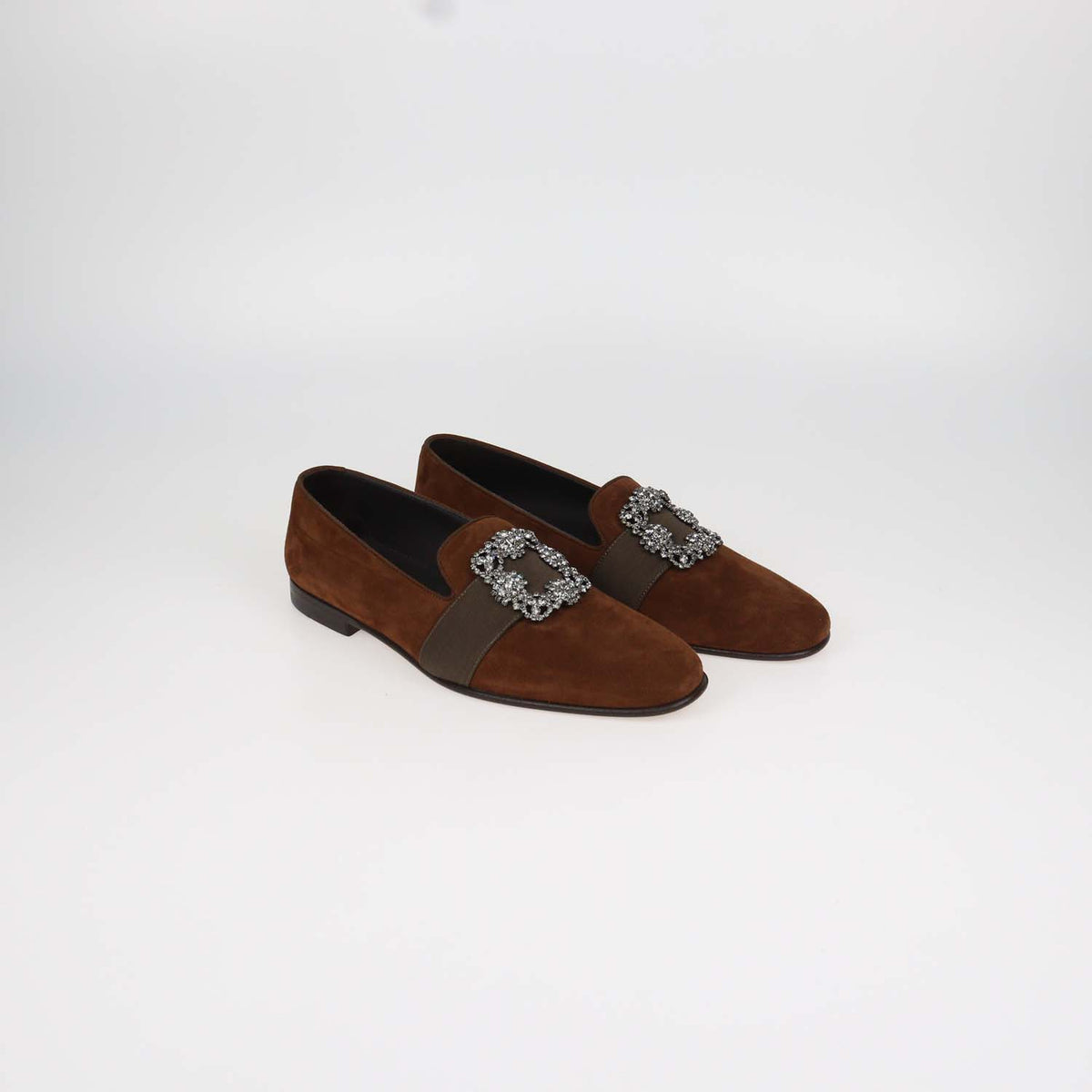 Manolo Blahnik Brown Suede Jewel Buckle Carlton Loafers