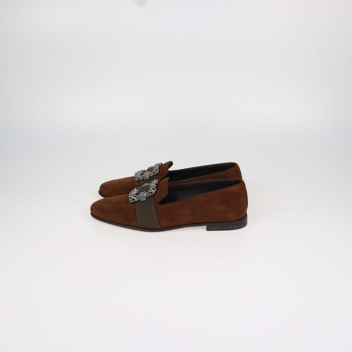 Manolo Blahnik Brown Suede Jewel Buckle Carlton Loafers