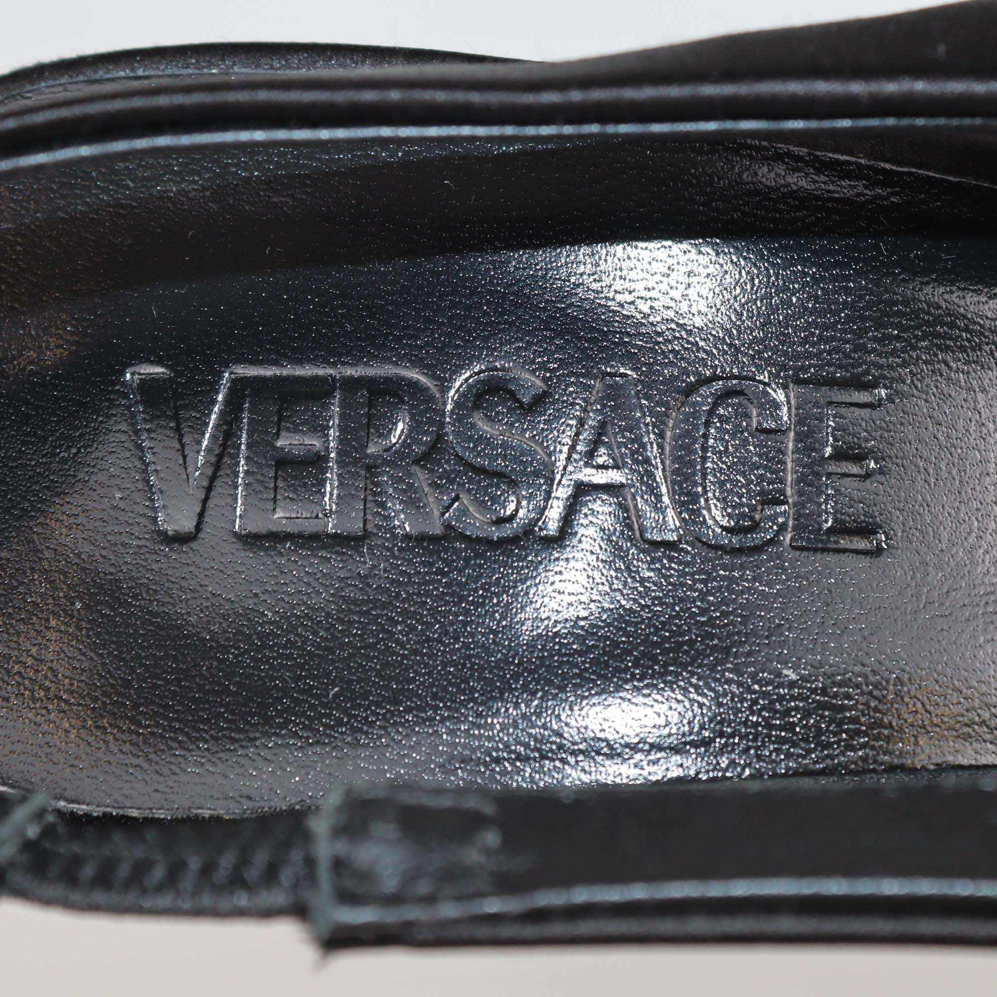 Versace Black Satin Crystal Studded La Medusa Slingback Pumps
