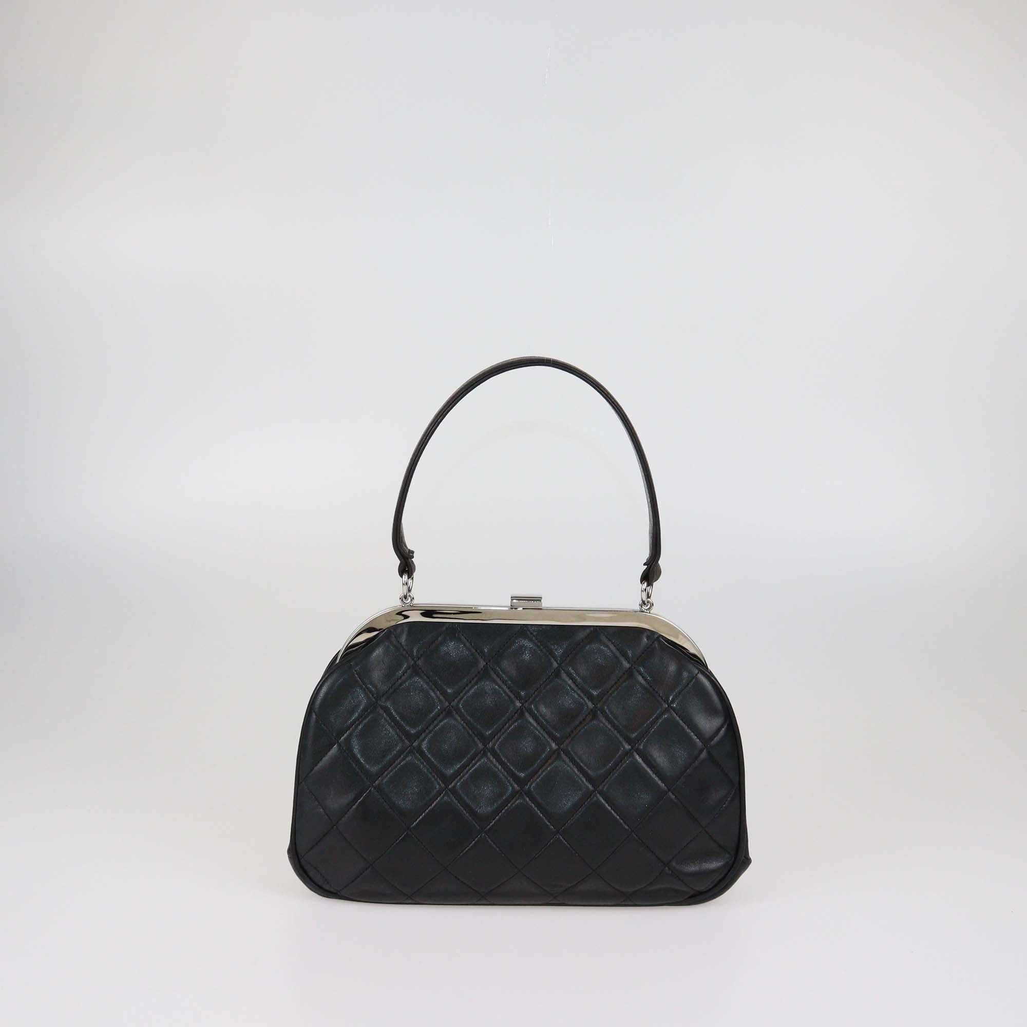 Chanel Black Lambskin CC Quilted Kiss Lock Frame Top Handle Bag