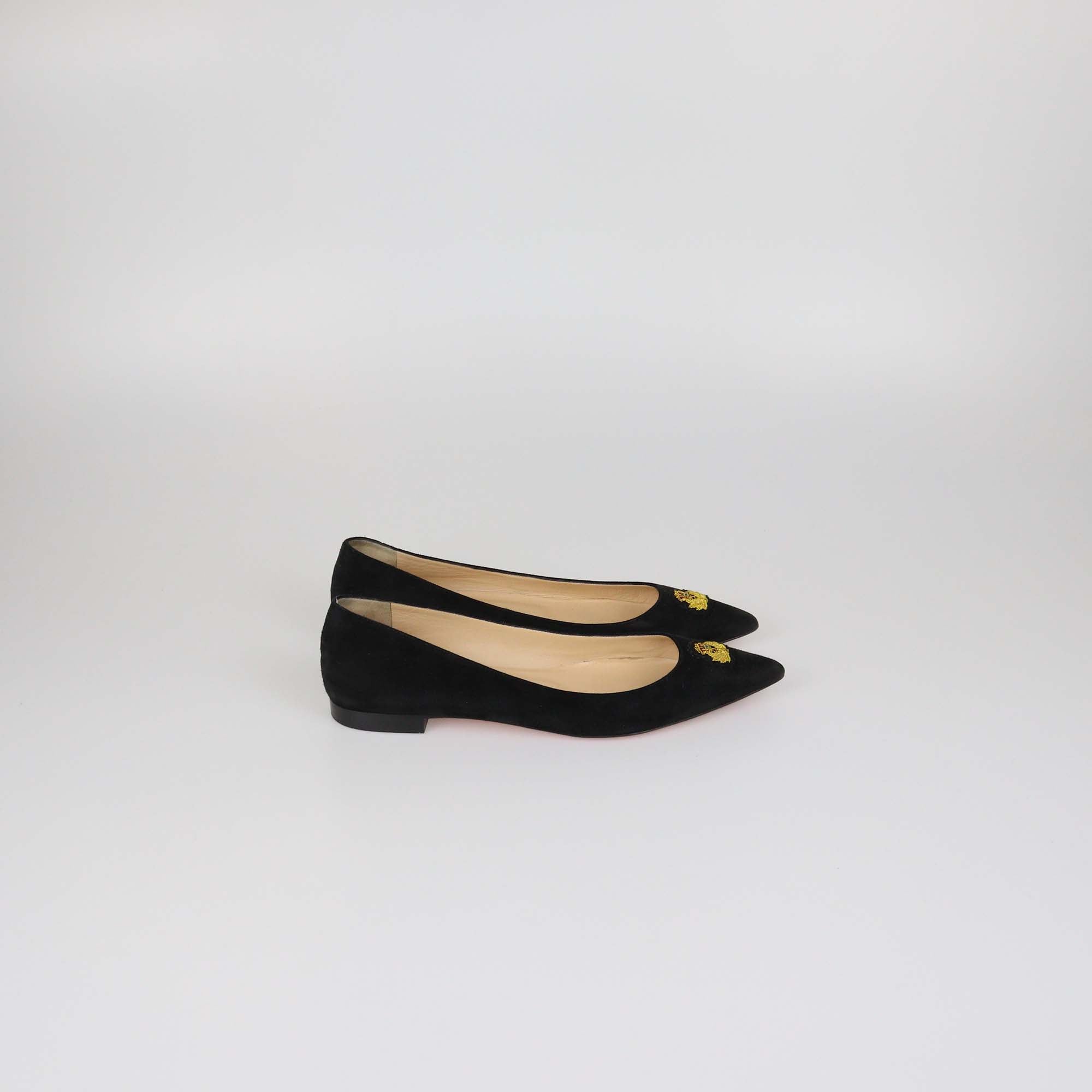 Christian Louboutin Black Suede Logo Embroidered Pointed Toe Flats