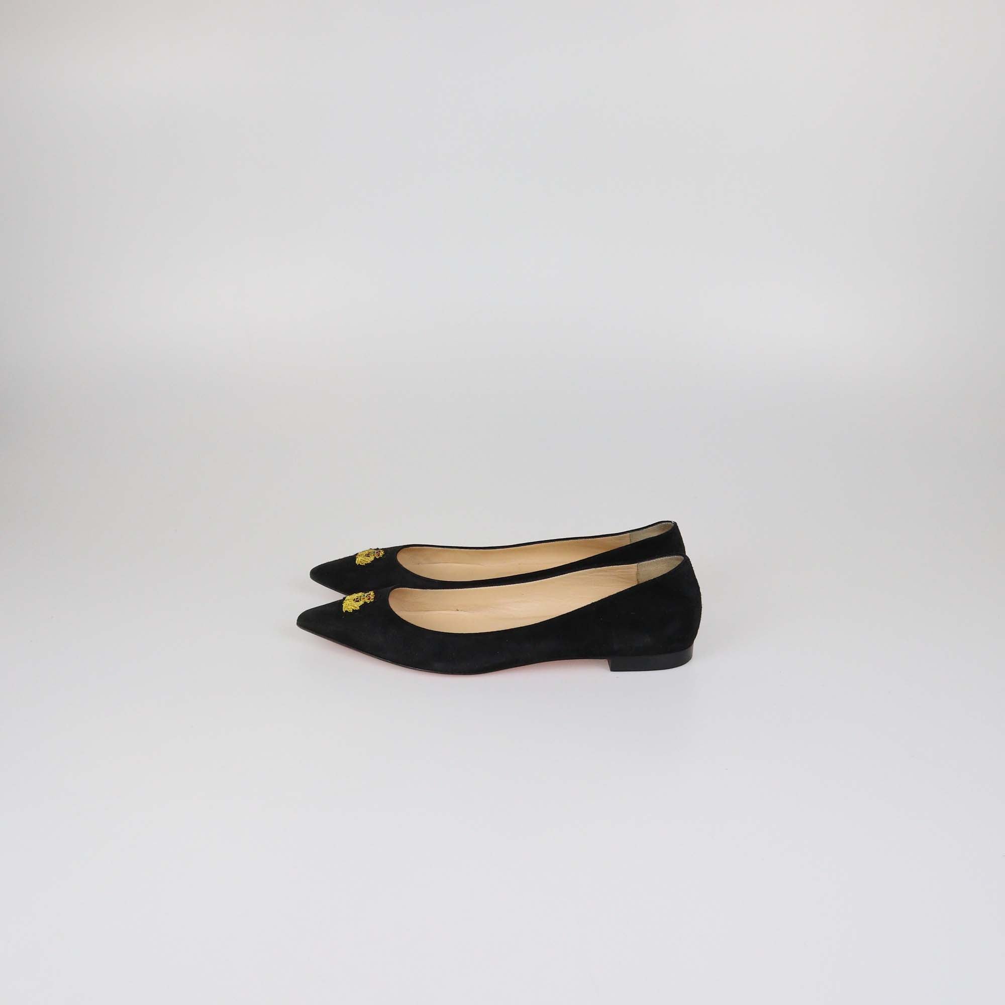 Christian Louboutin Black Suede Logo Embroidered Pointed Toe Flats