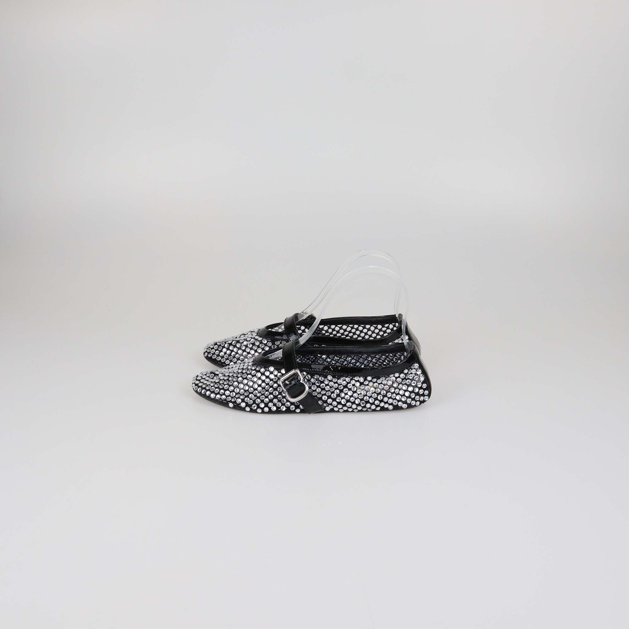 Alaia Black Crystal Embellished Mesh and Patent Leather Ballet Flats