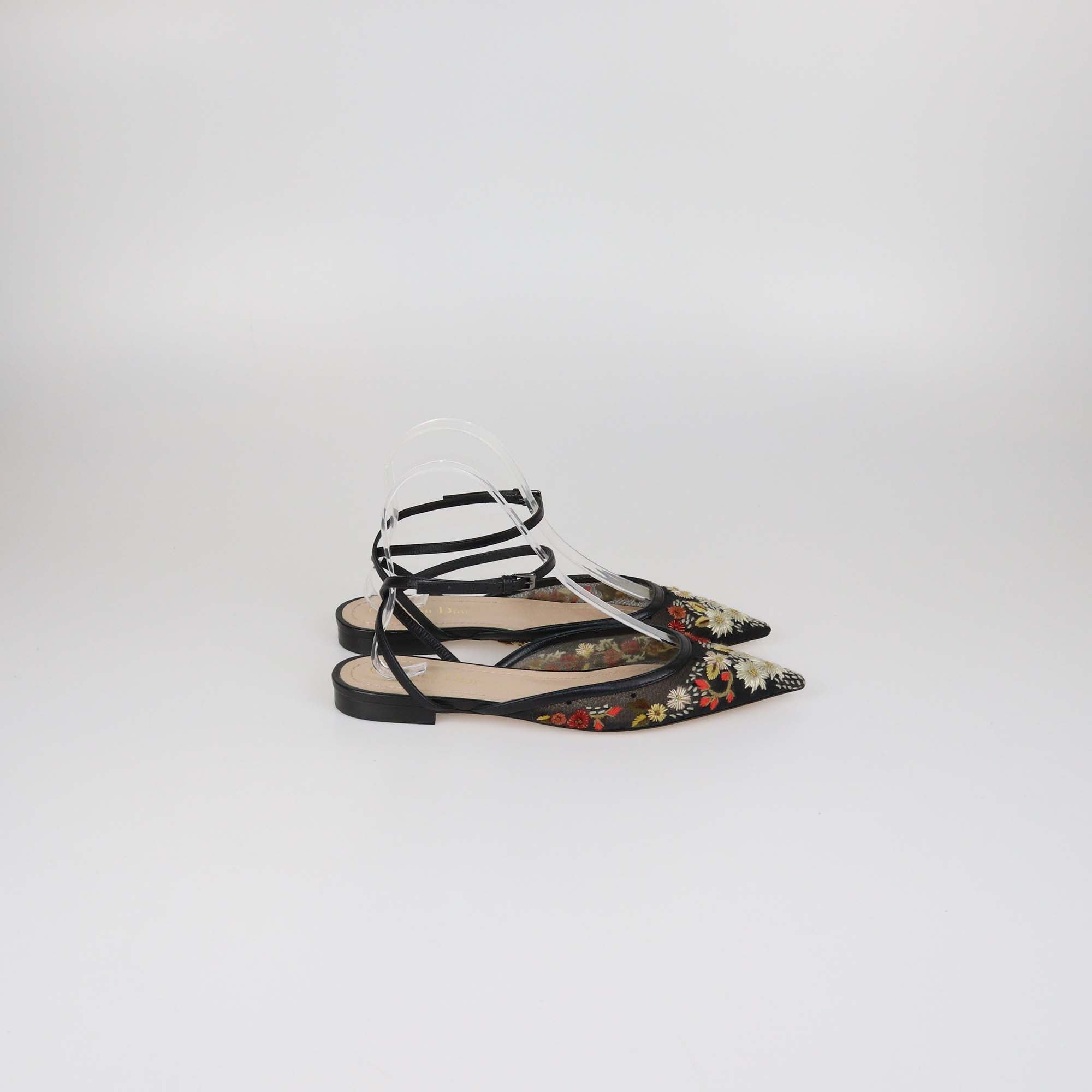 Christian Dior Black/Multicolor Mesh Floral Embroidered Ankle Strap Flats