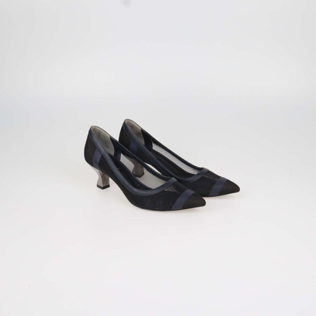 Fendi Navy Blue, Black Mesh and Leather Colibri Pointed Toe Pumps