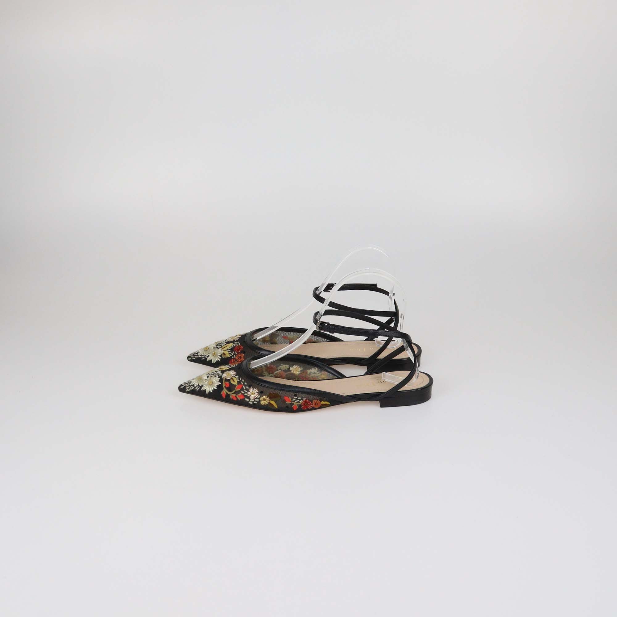 Christian Dior Black/Multicolor Mesh Floral Embroidered Ankle Strap Flats