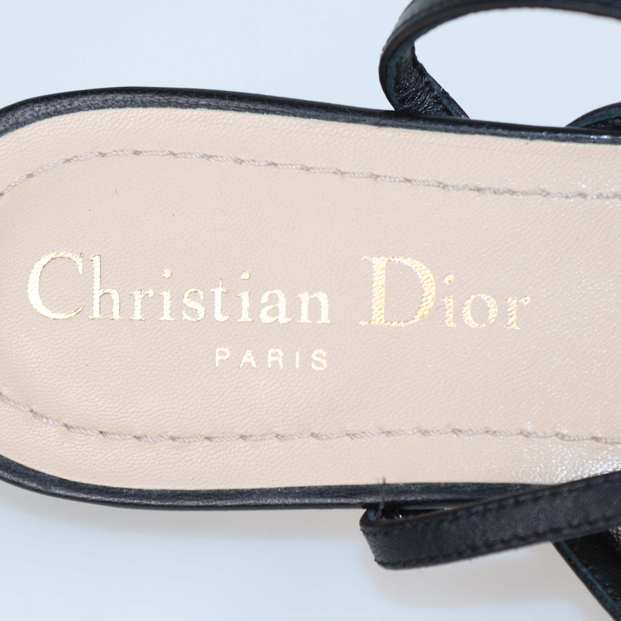 Christian Dior Black/Multicolor Mesh Floral Embroidered Ankle Strap Flats