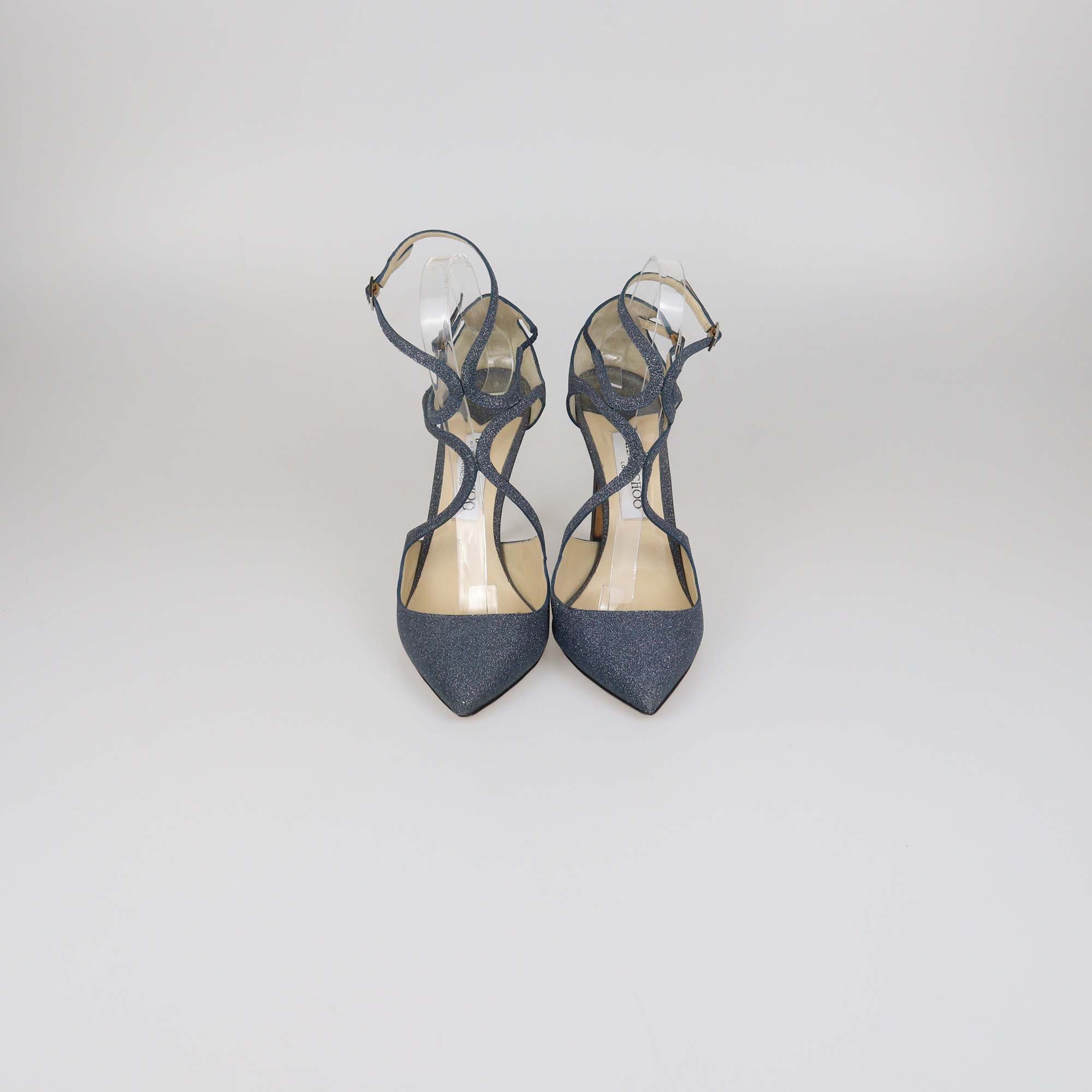 Jimmy Choo Blue Glitter Leather Lancer Pumps