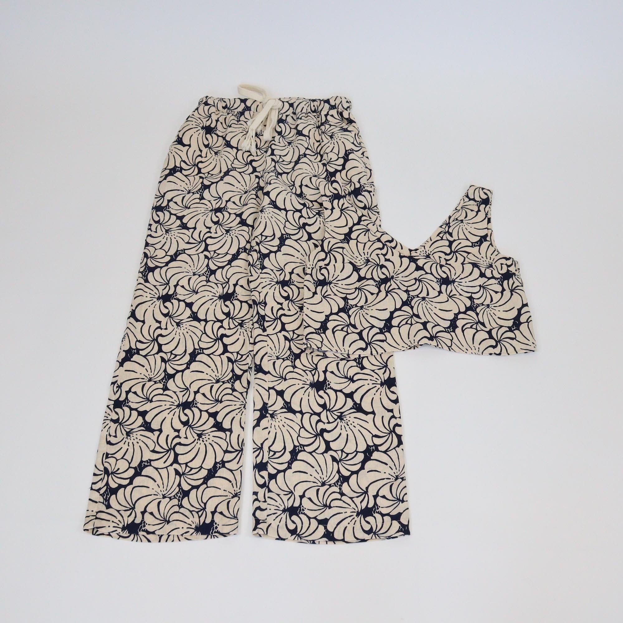 Staud Cream/Dark Blue Floral Printed Sleevless V Neck Top & Drawstring Straight Leg Pants Set Womens Staud