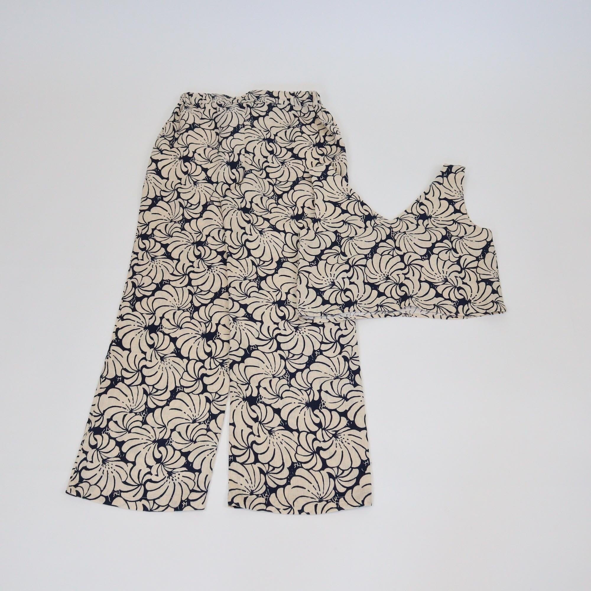 Staud Cream/Dark Blue Floral Printed Sleevless V Neck Top & Drawstring Straight Leg Pants Set Womens Staud