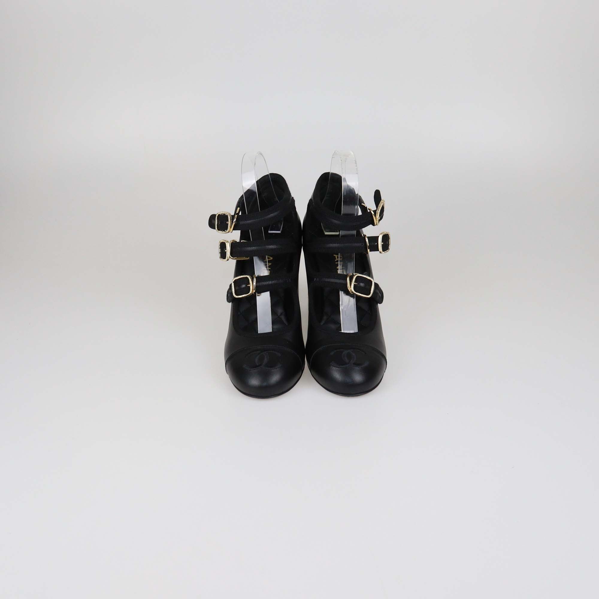 Chanel Black Leather Multi Strap Mary Jane CC Cap Toe Pumps