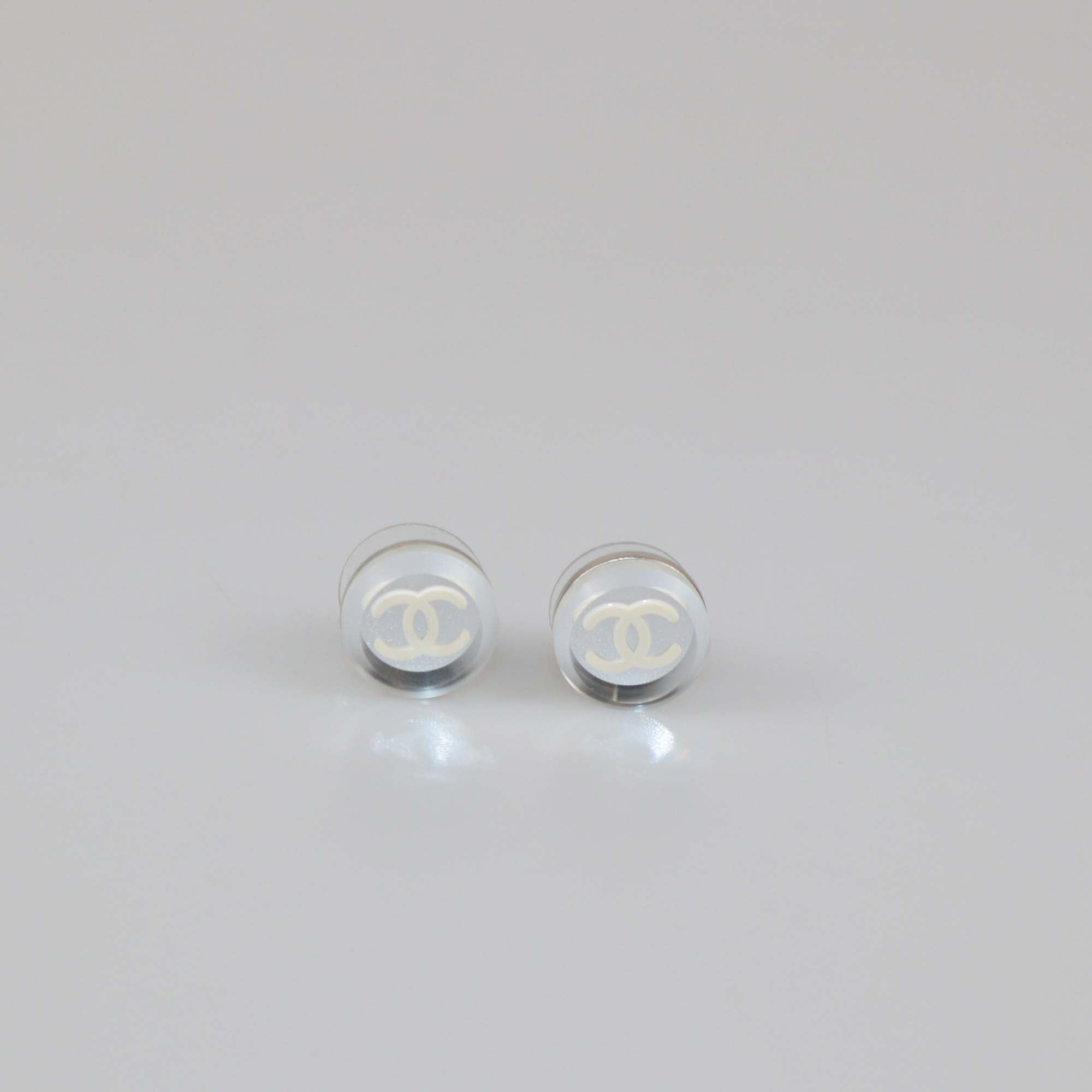 Chanel Silver Plated Resin CC Round Push Back Earrings
