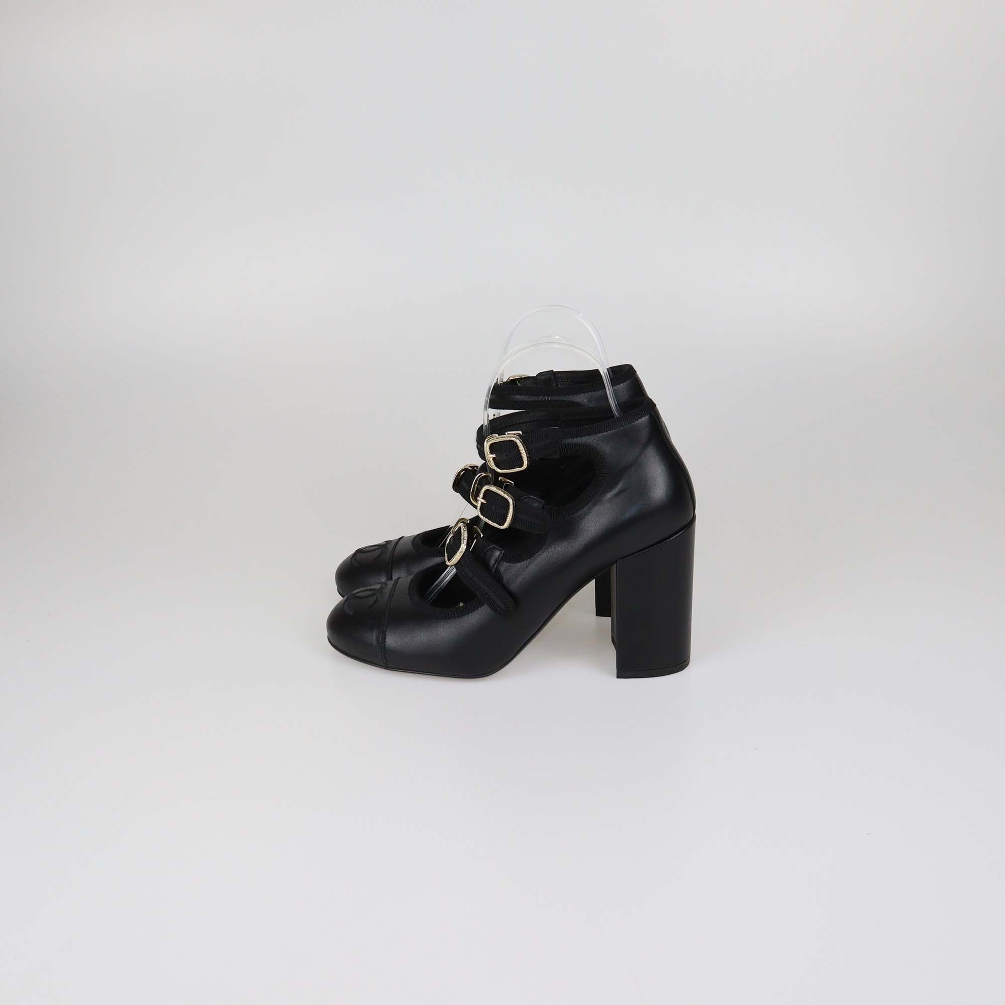 Chanel Black Leather Multi Strap Mary Jane CC Cap Toe Pumps