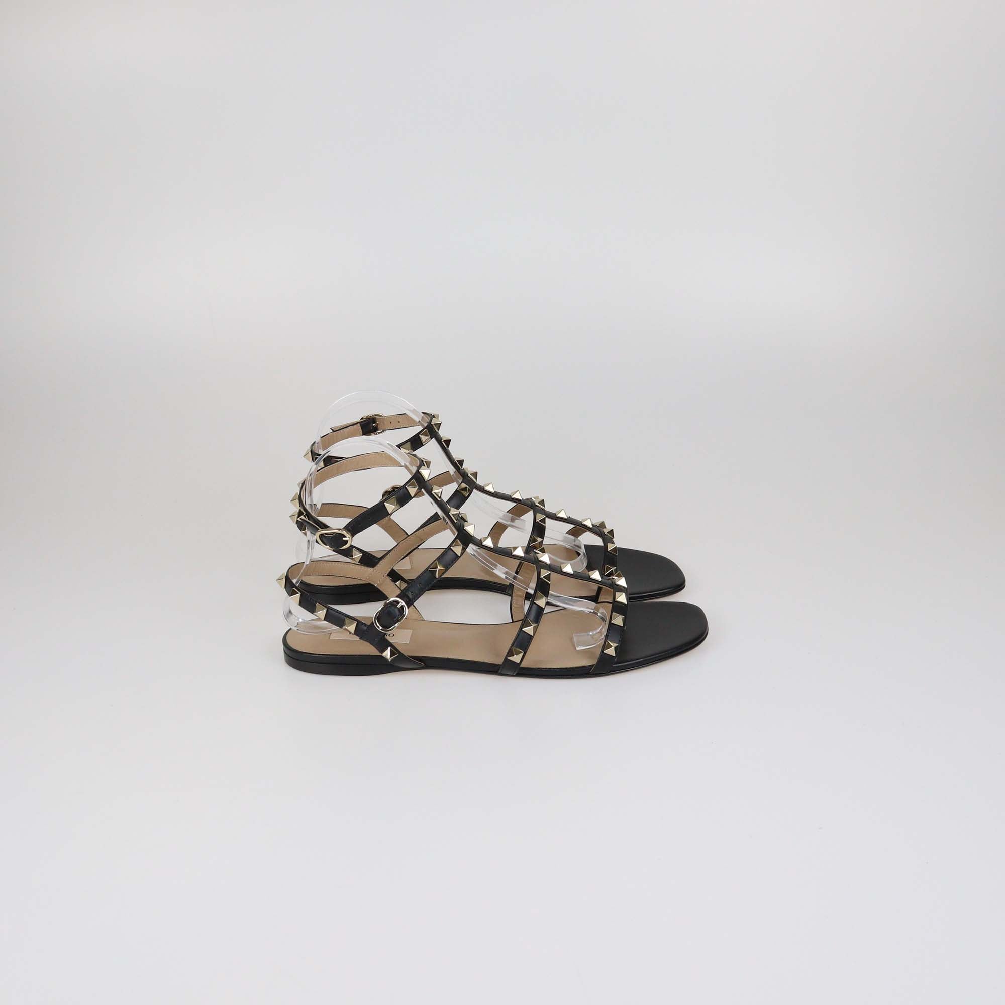 Valentino Black Leather Rockstud T-Strap Caged Flat Sandals