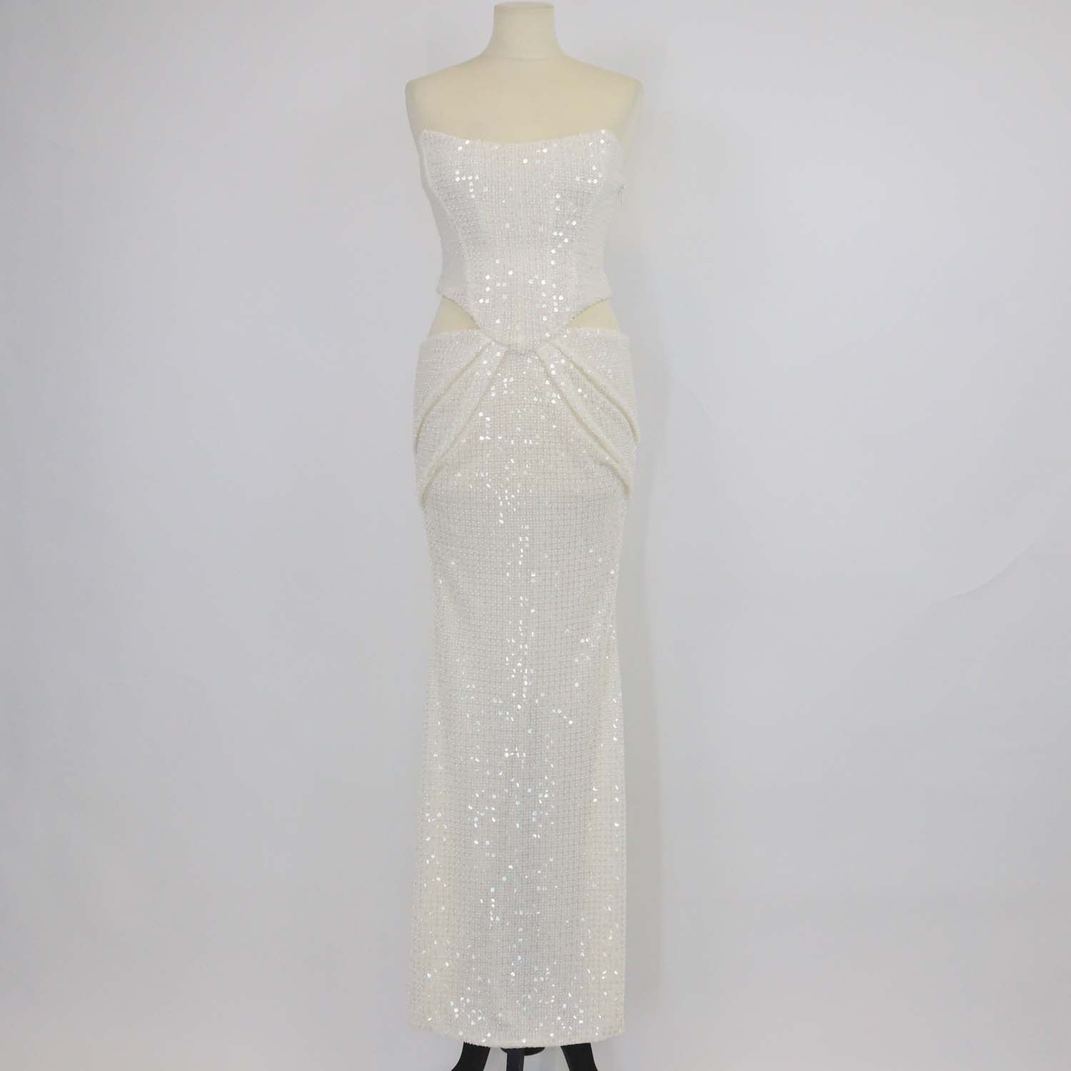 Oh Polly Ivory Sequin Beaded Off Shoulder Cut Out Midi Dress