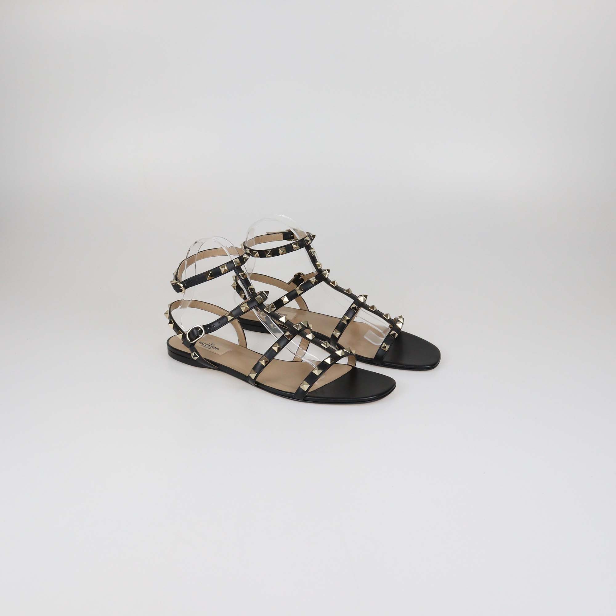 Valentino Black Leather Rockstud T-Strap Caged Flat Sandals