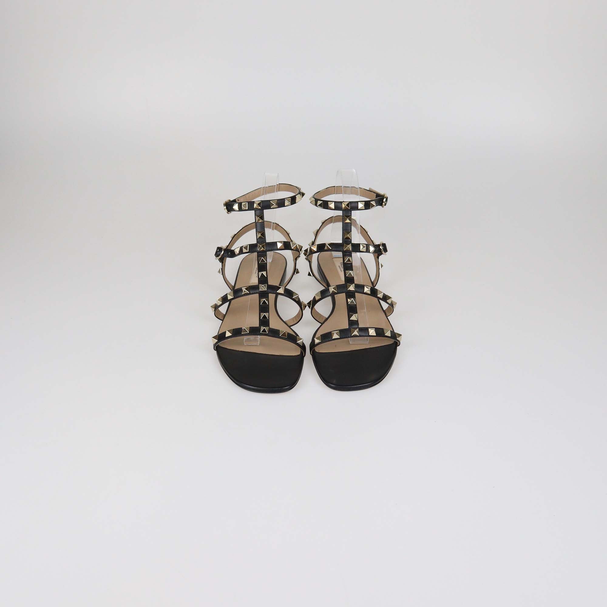 Valentino Black Leather Rockstud T-Strap Caged Flat Sandals