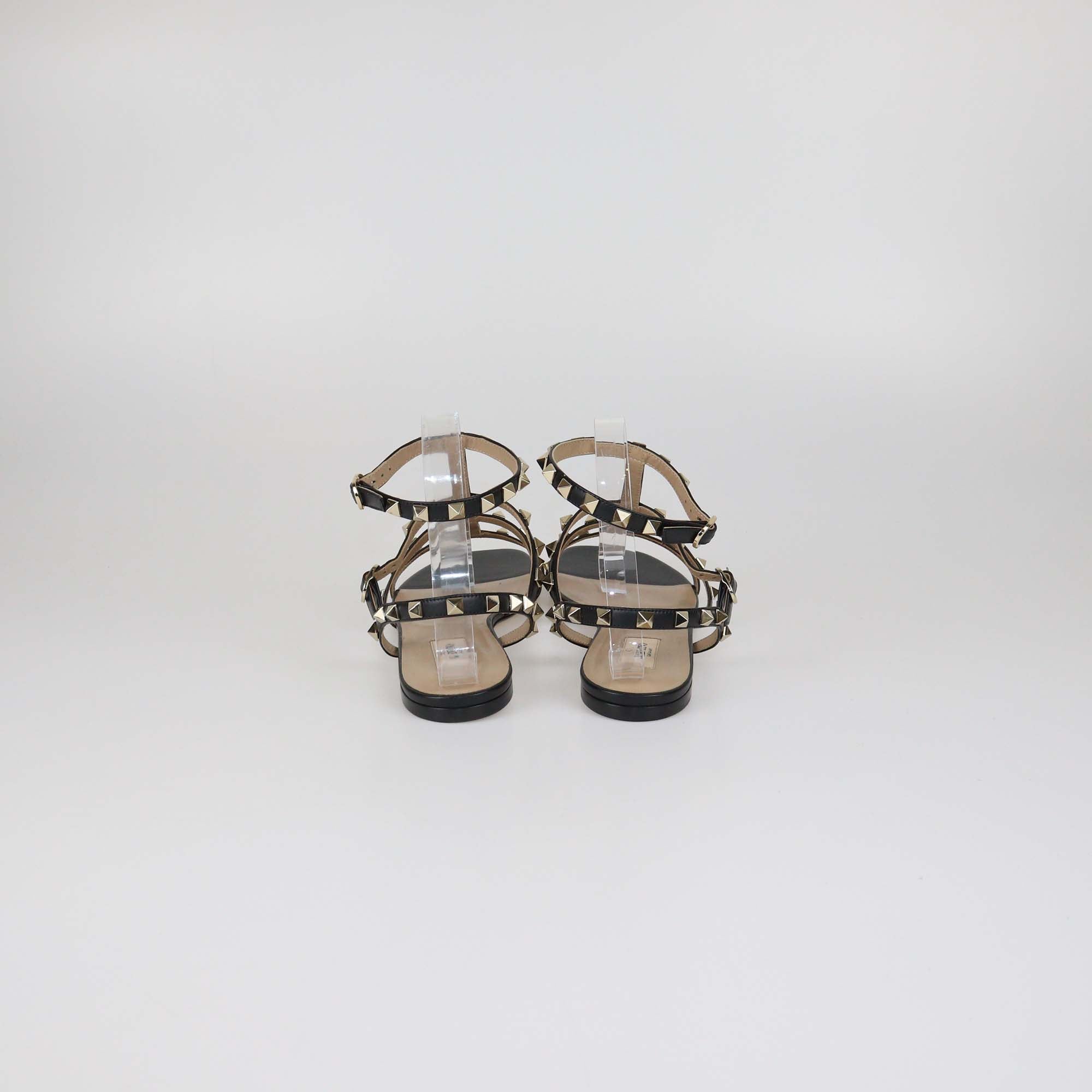 Valentino Black Leather Rockstud T-Strap Caged Flat Sandals