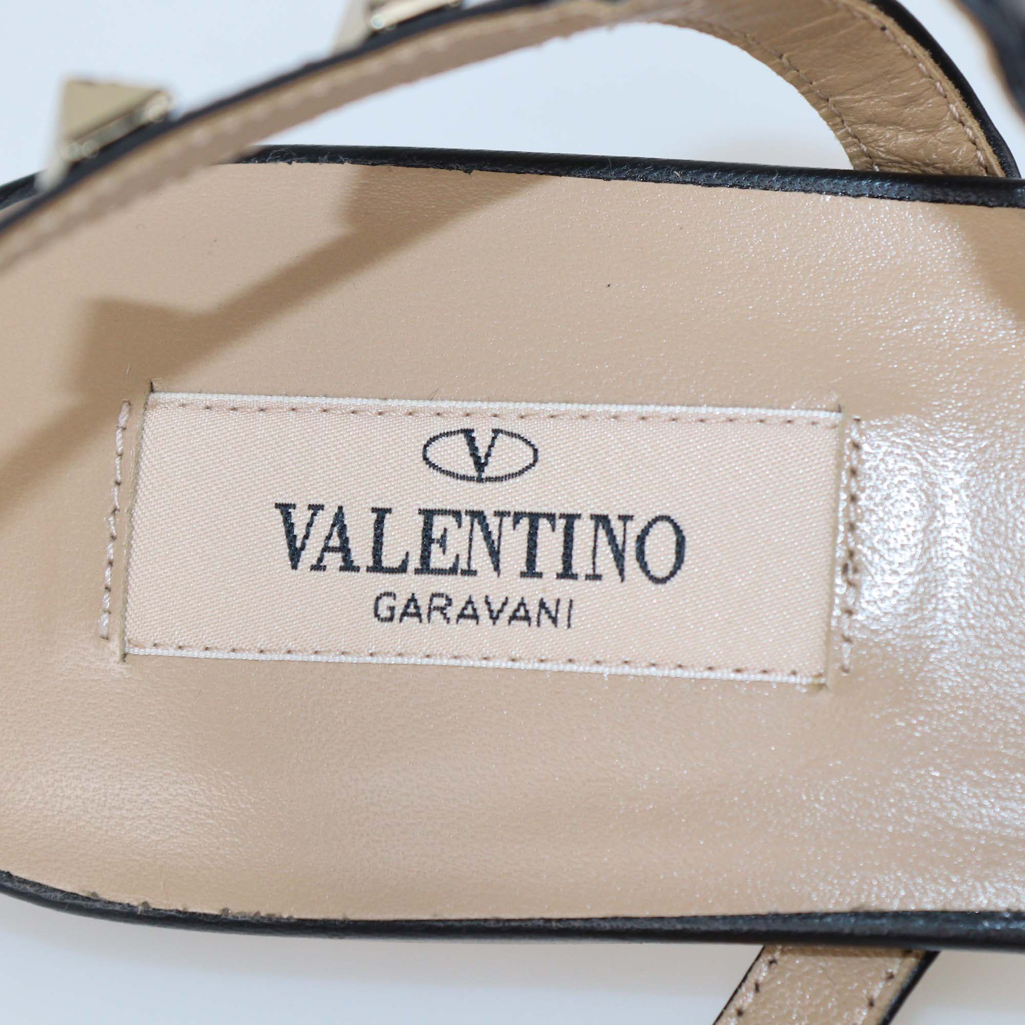 Valentino Black Leather Rockstud T-Strap Caged Flat Sandals