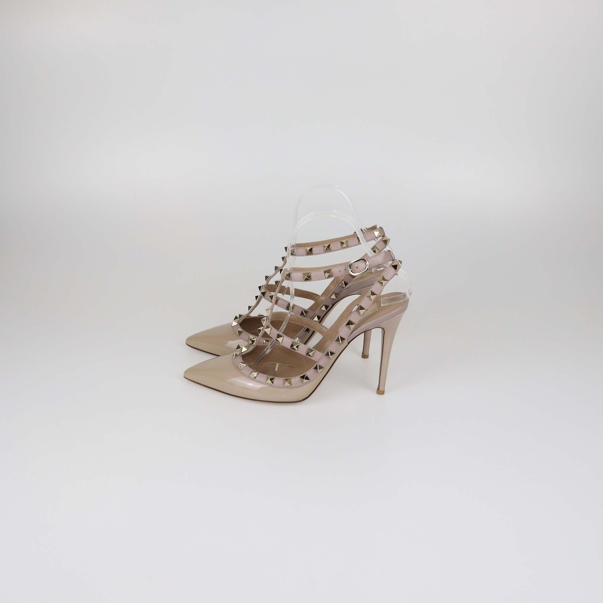 Valentino Beige Patent Leather Rockstud Caged Pumps