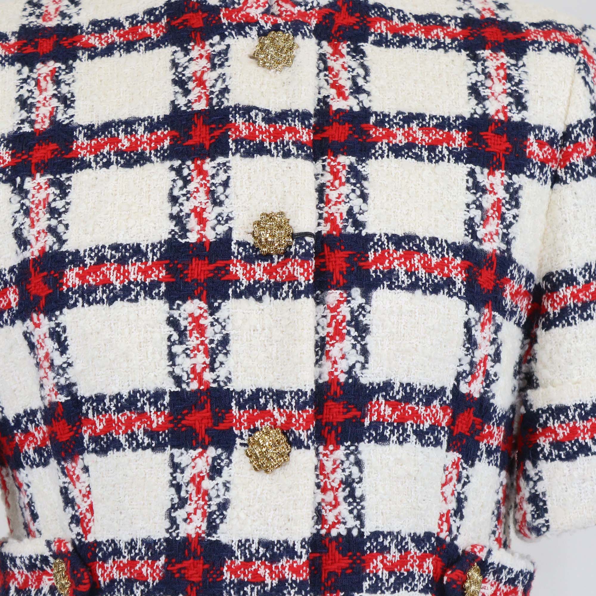 Gucci Tricolor Blend Fabric Tweed Checkered Three Quarter Sleeve Jacket