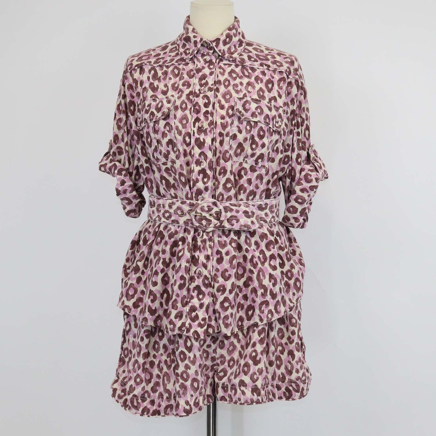 Zimmermann Purple Leopard Print Short Sleeve Shirt & Mini Short Set