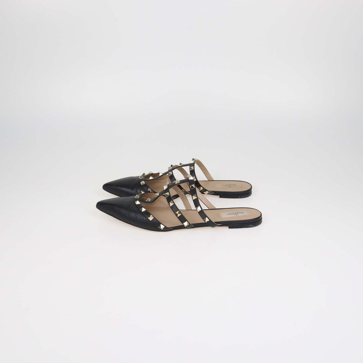 Valentino Black Leather Rockstud Pointed Toe Flat Mules