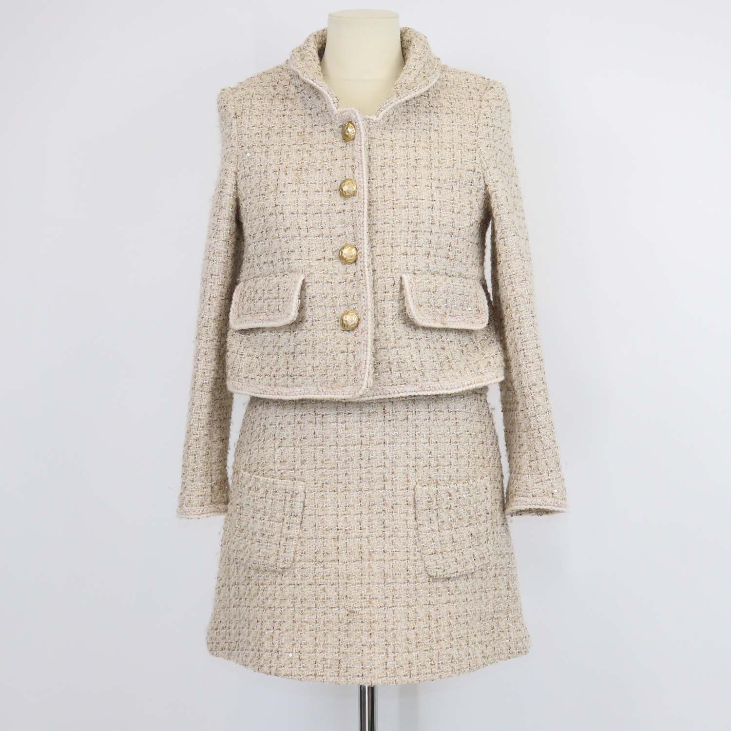 Chanel Beige Tweed Gold-Button Cropped Jacket & Mini Skirt Set