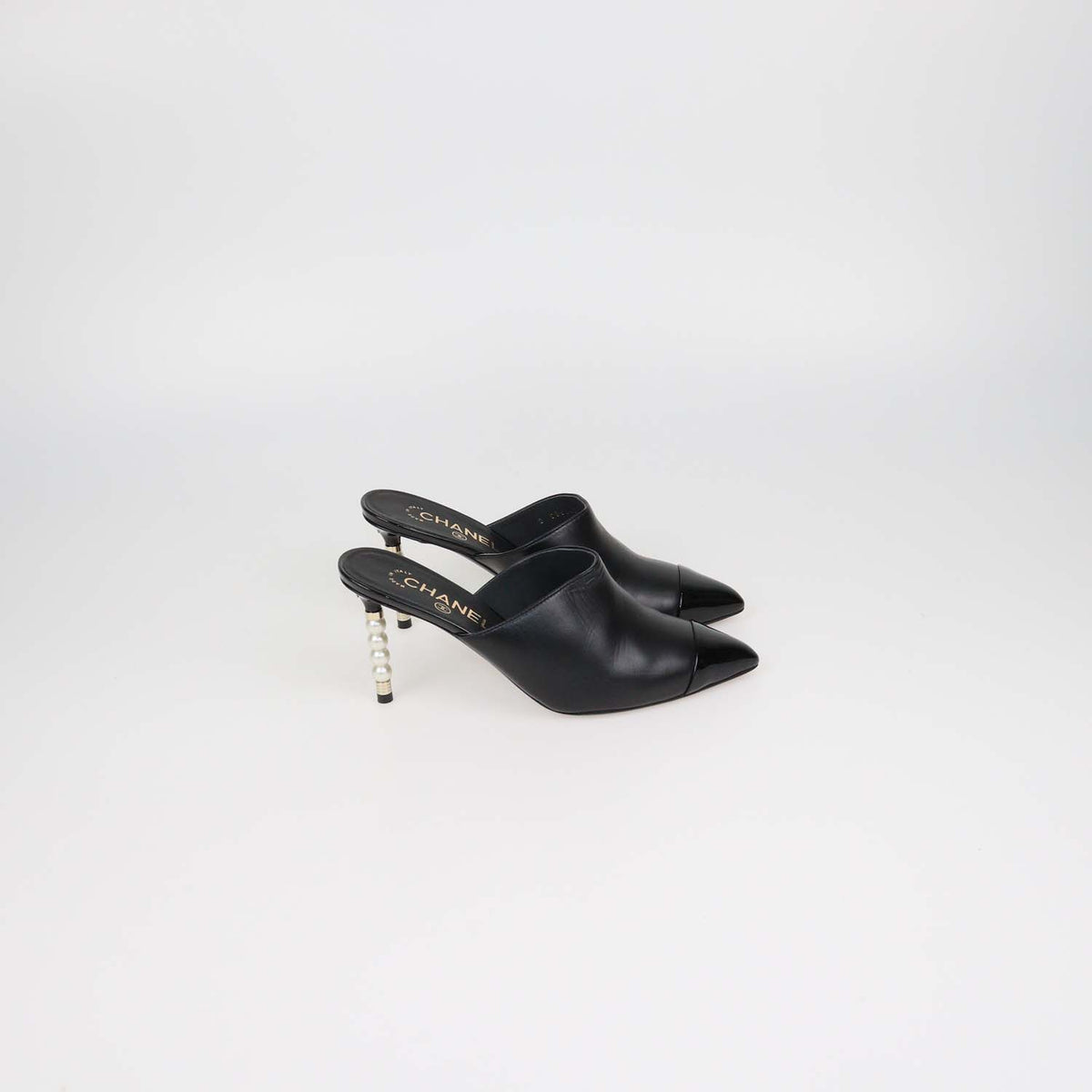 Chanel Black Leather and Patent Leather Pearl Heels Cap Toe Mules