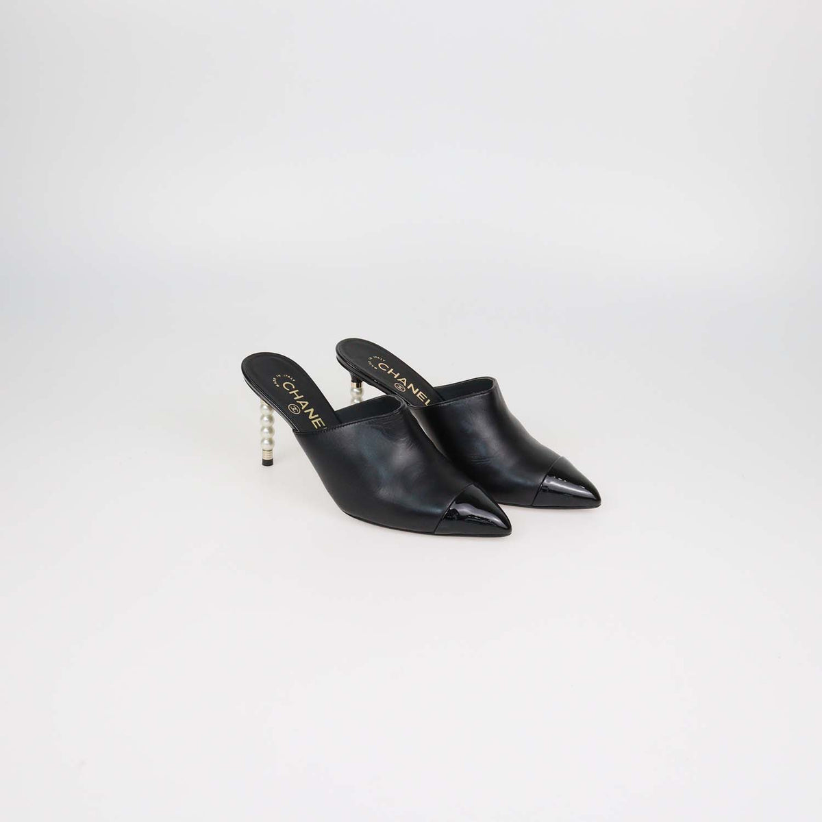 Chanel Black Leather and Patent Leather Pearl Heels Cap Toe Mules