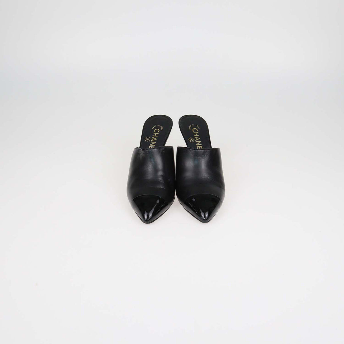 Chanel Black Leather and Patent Leather Pearl Heels Cap Toe Mules