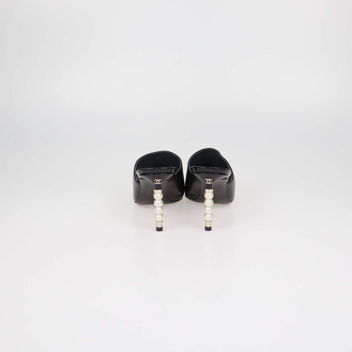 Chanel Black Leather and Patent Leather Pearl Heels Cap Toe Mules