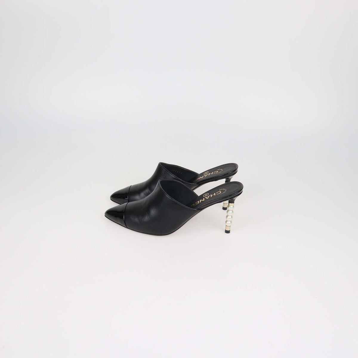 Chanel Black Leather and Patent Leather Pearl Heels Cap Toe Mules