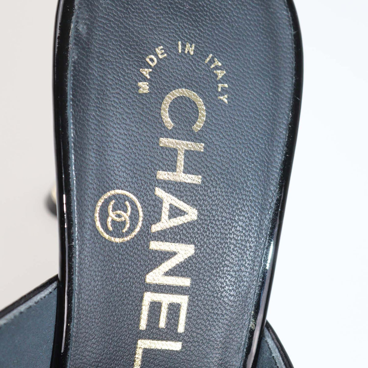 Chanel Black Leather and Patent Leather Pearl Heels Cap Toe Mules