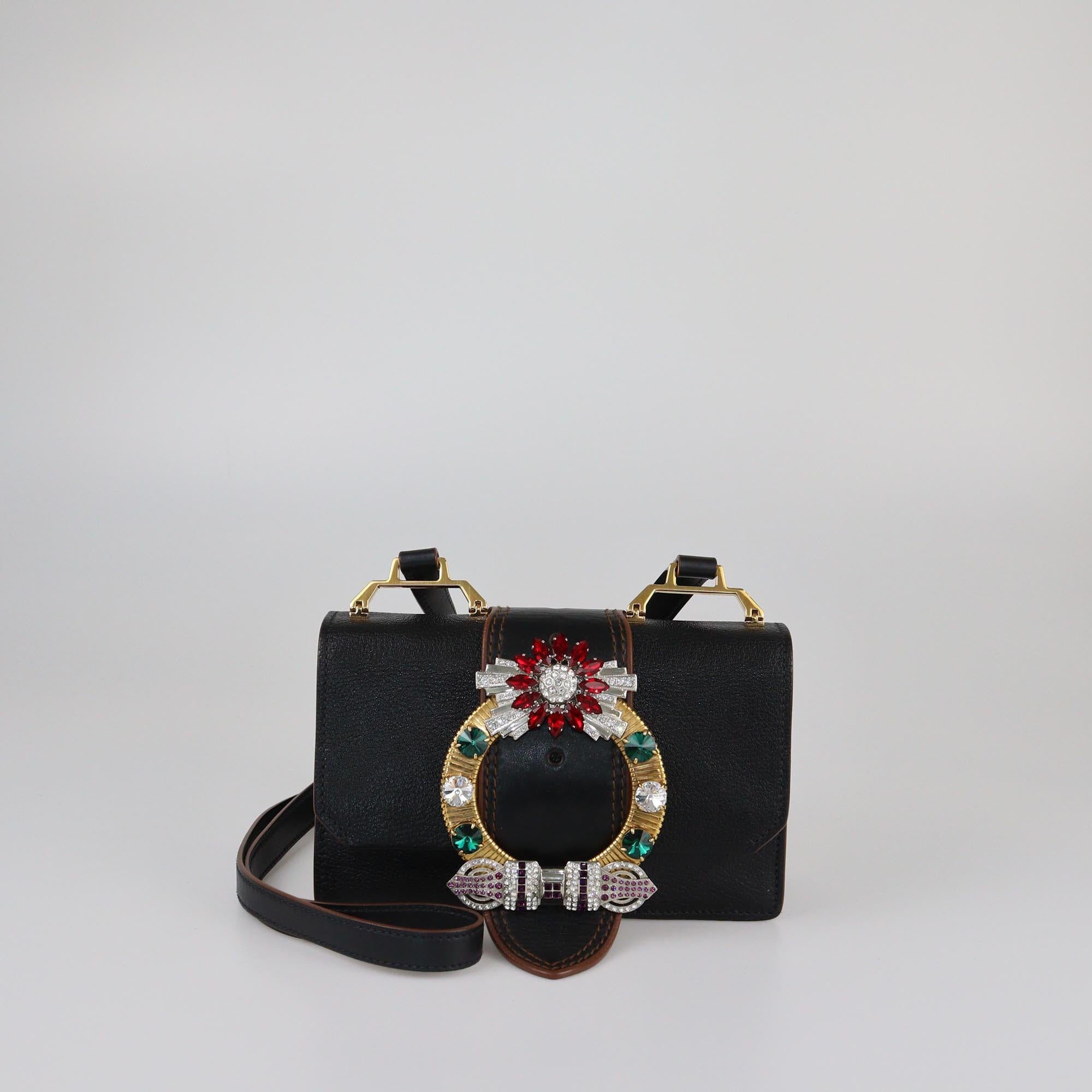 Miu Miu Black Madras Crystal Embellished Buckle Flap Shoulder Bag Womens Miu Miu