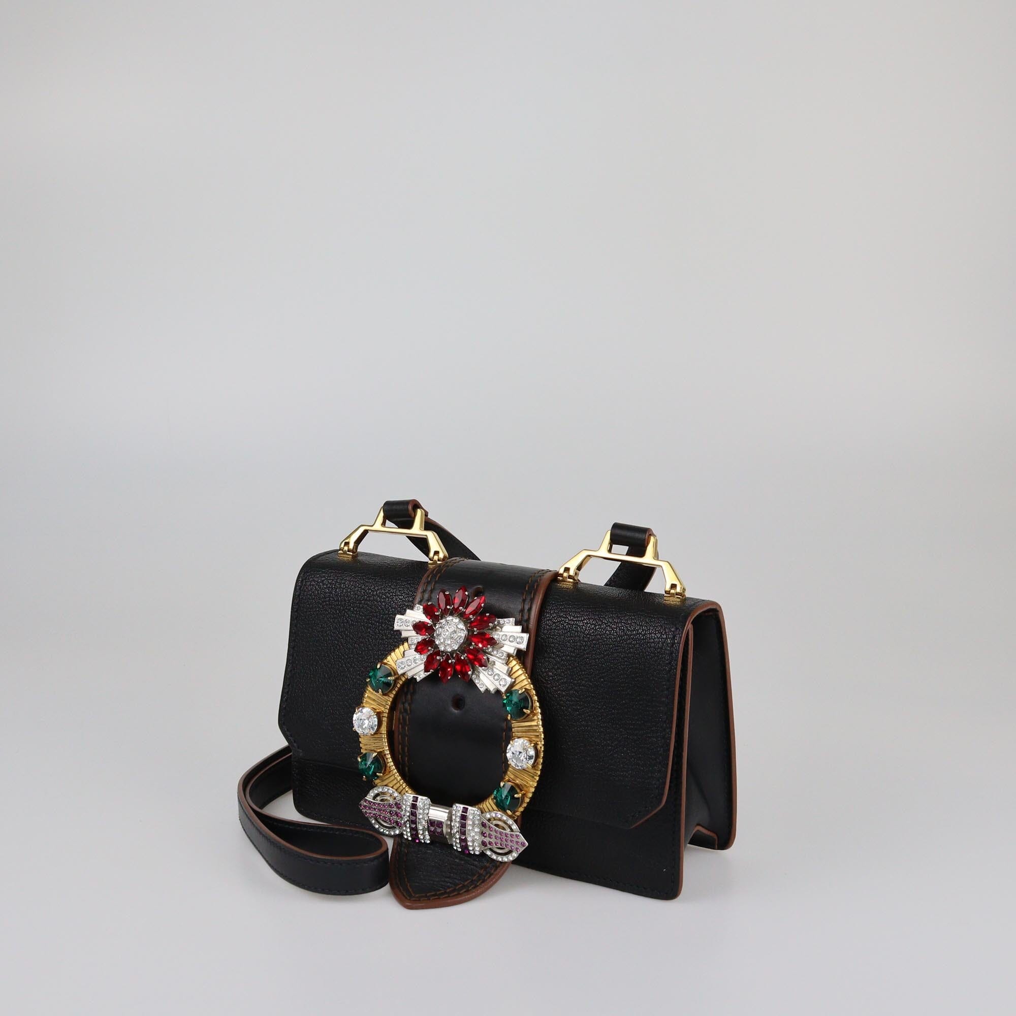 Miu Miu Black Madras Crystal Embellished Buckle Flap Shoulder Bag Womens Miu Miu