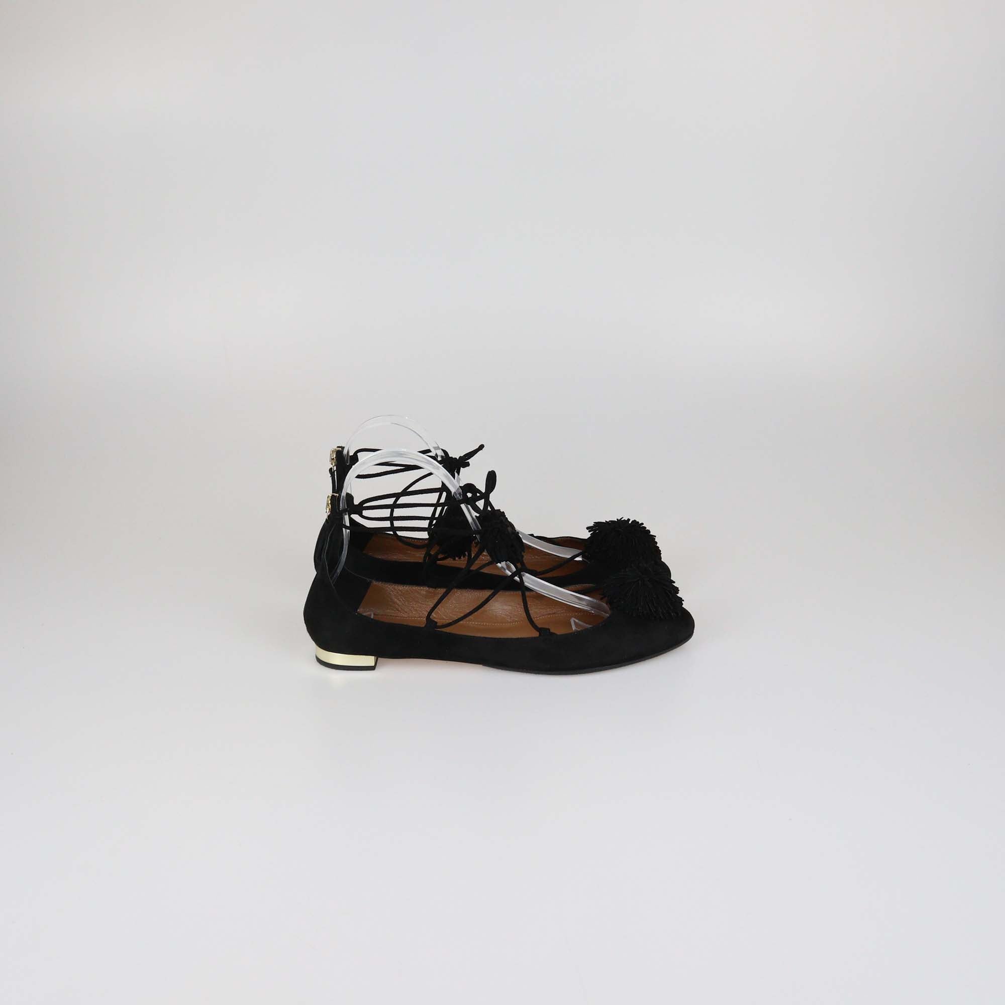 Aquazzura Black Suede Pom Pom Sunshine Ballet Flats