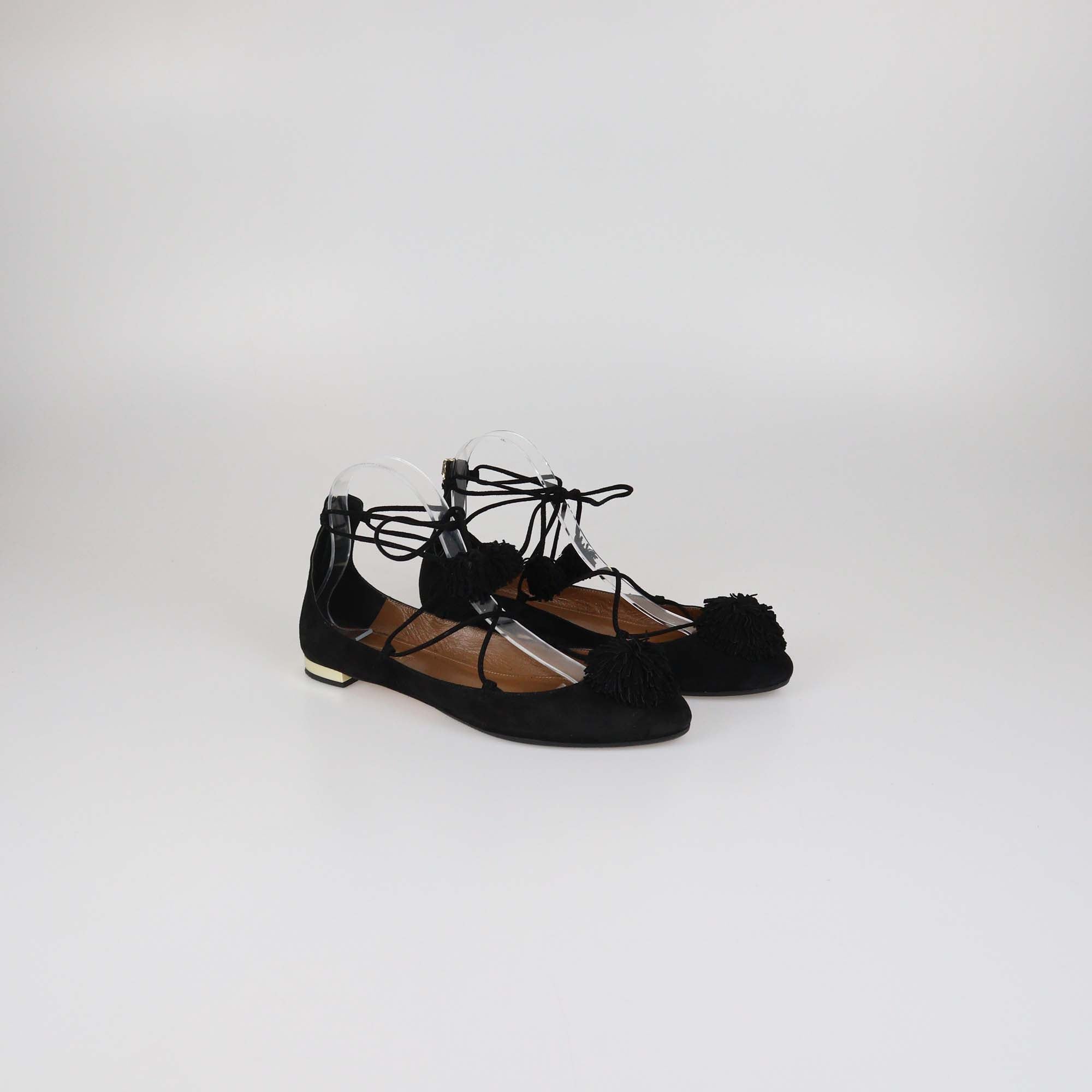 Aquazzura Black Suede Pom Pom Sunshine Ballet Flats