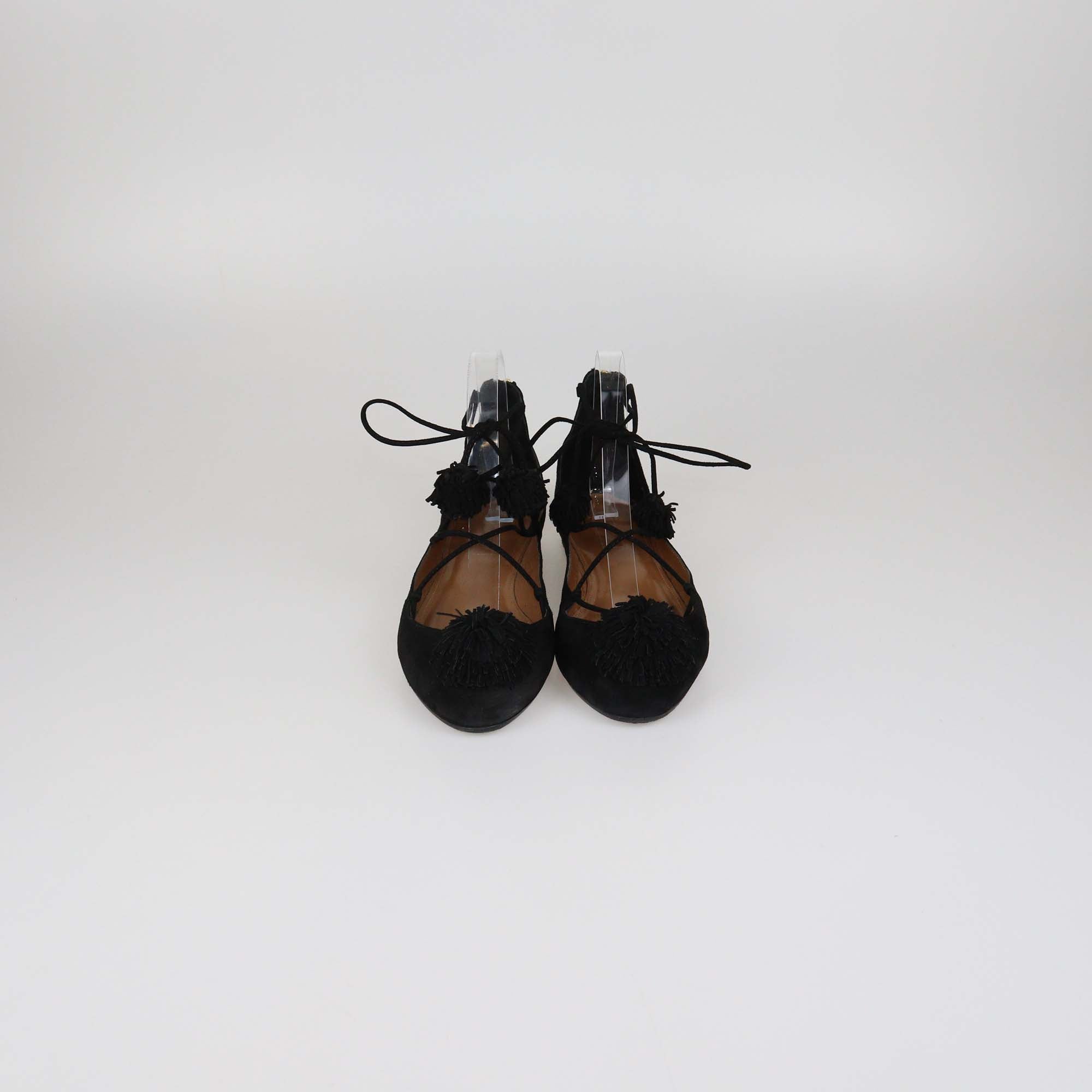 Aquazzura Black Suede Pom Pom Sunshine Ballet Flats