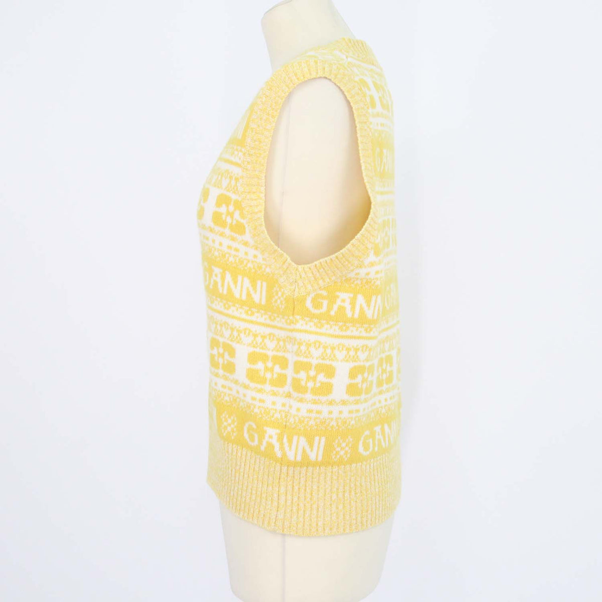 Ganni Yellow, Off White Wool Logo Print V-Neck Sleeveless Top