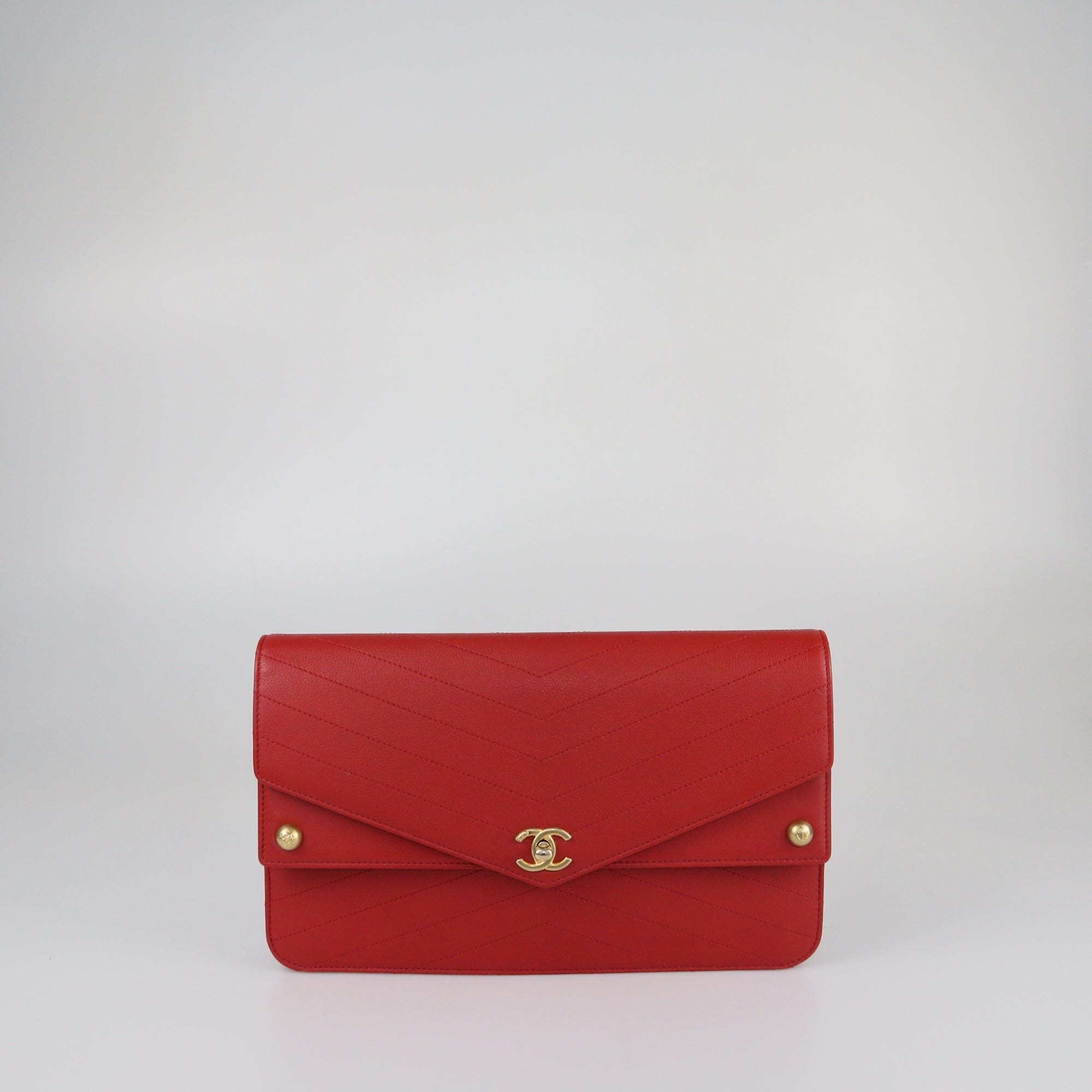 Chanel Red Chevron Casual Trip Clutch Womens Chanel