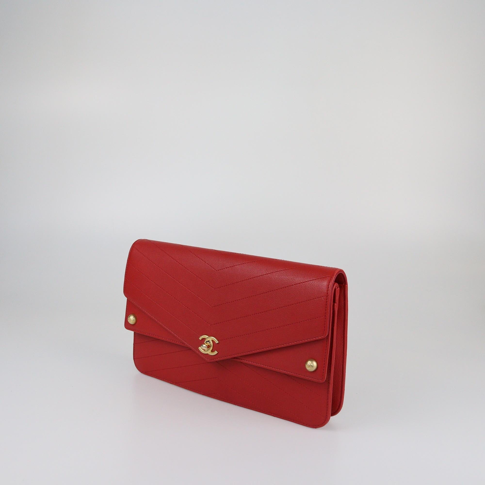 Chanel Red Chevron Casual Trip Clutch Womens Chanel