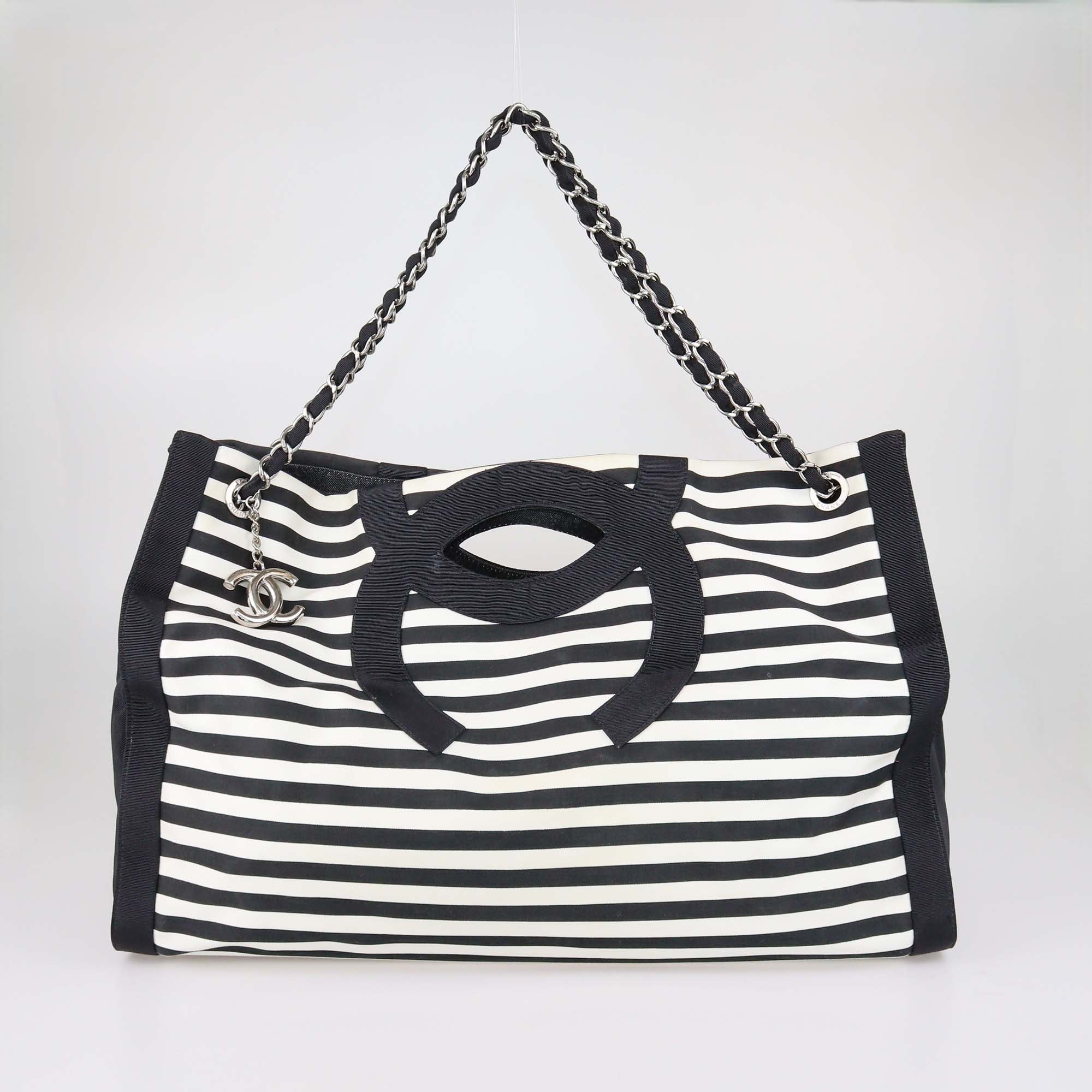 Chanel Black/White Striped Fabric XL Mariniere Tote