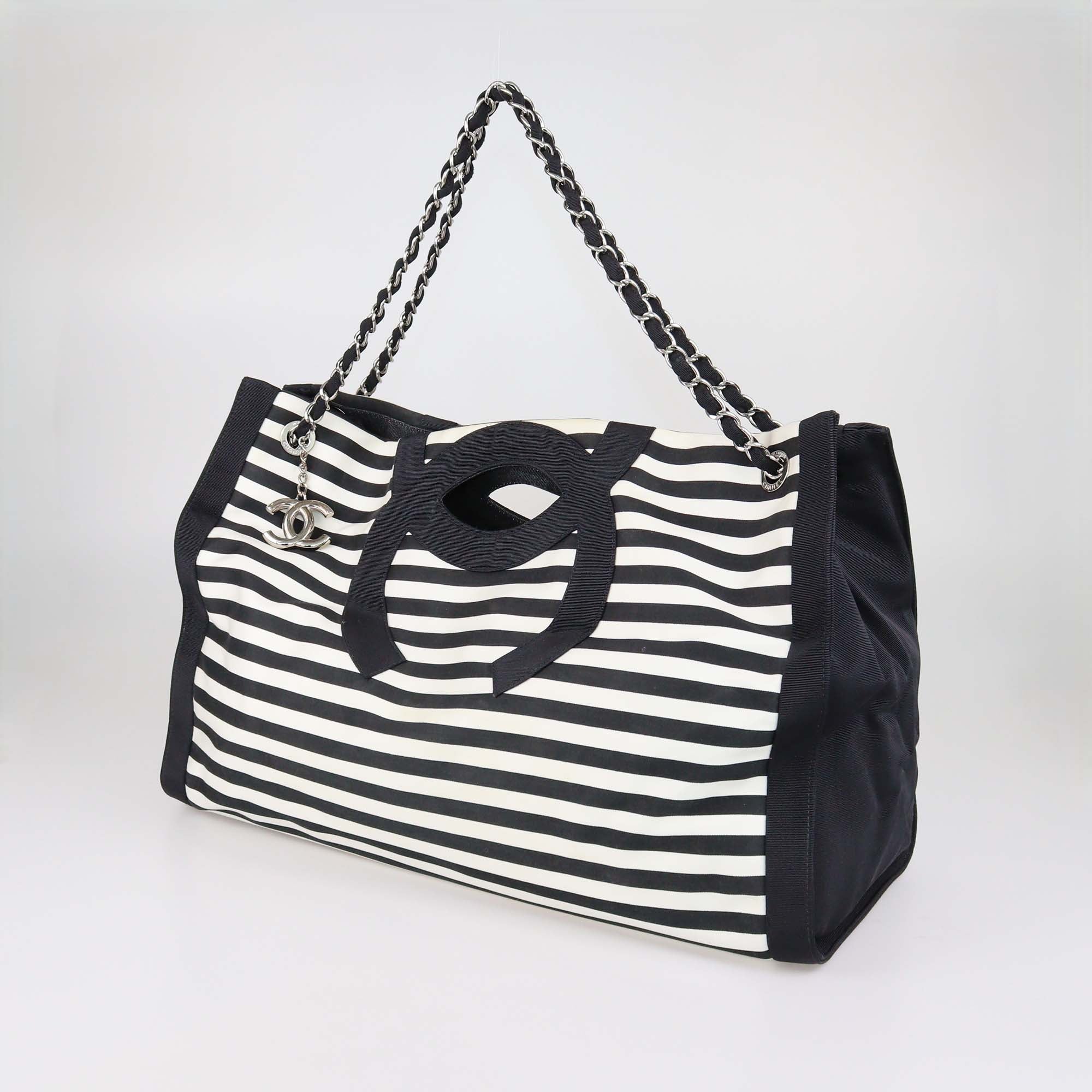 Chanel Black/White Striped Fabric XL Mariniere Tote