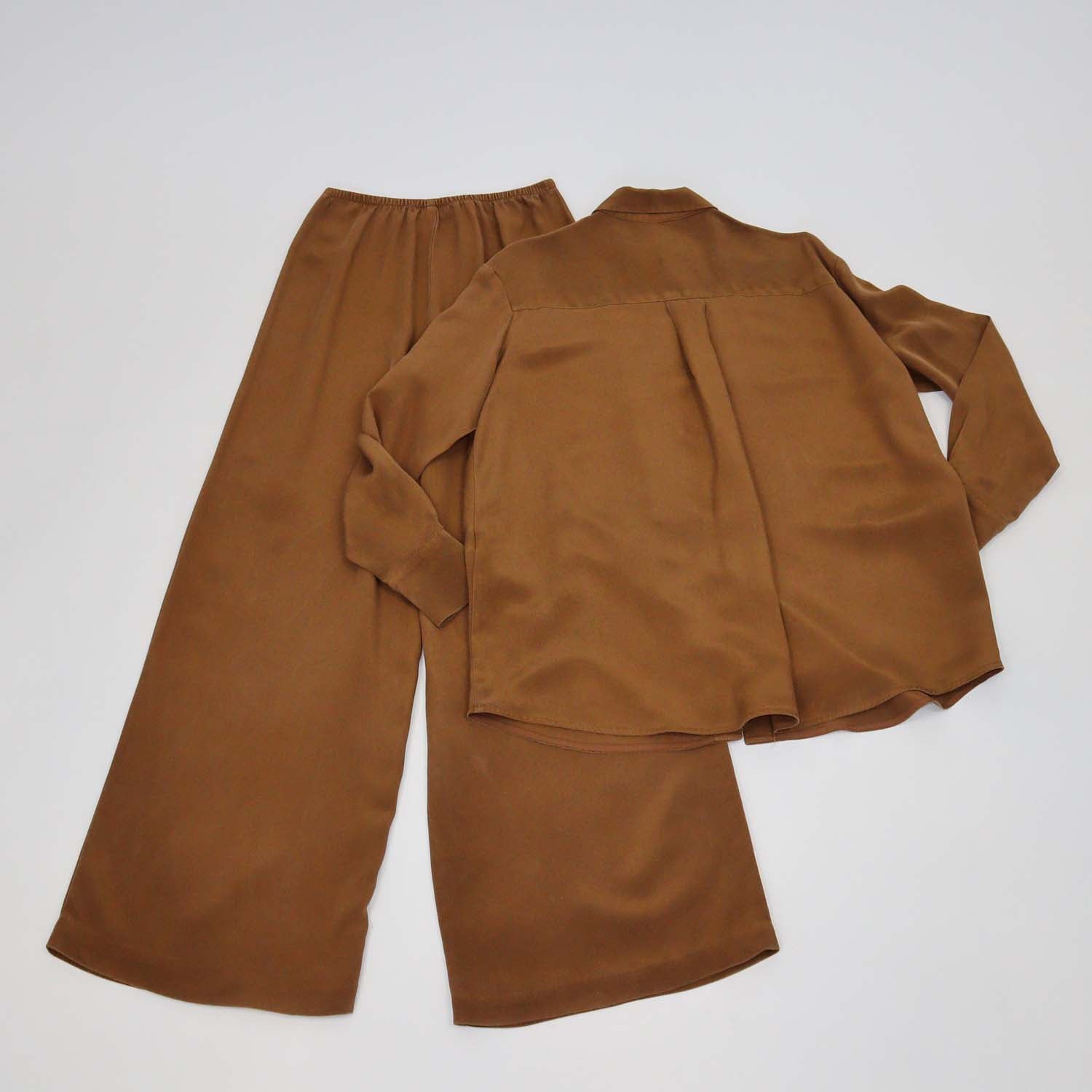 12 Storeez Brown Silk Long Sleeve Shirt & Trouser Set