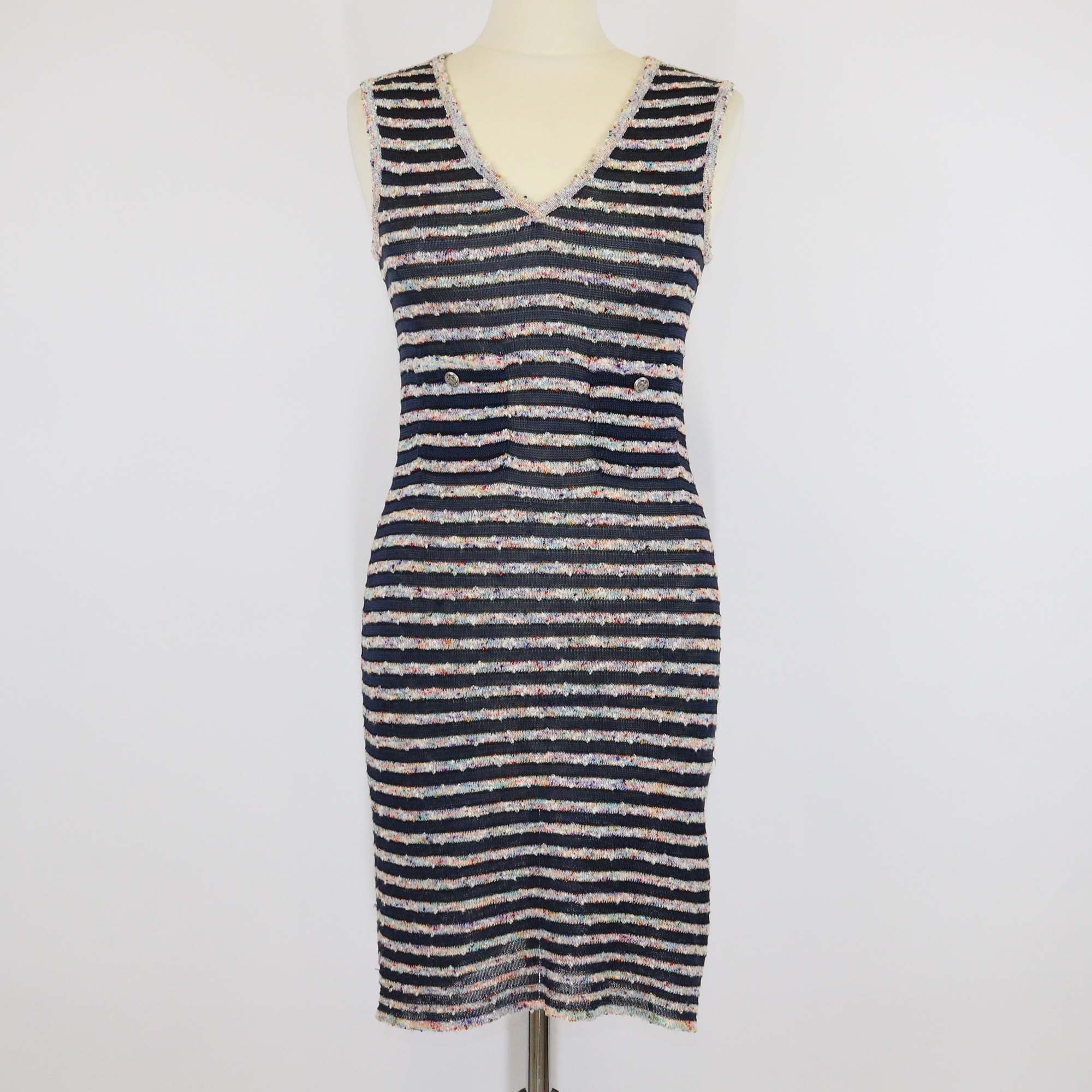 Chanel Multicolor Striped Tweed & Knit Sleeveless Dress