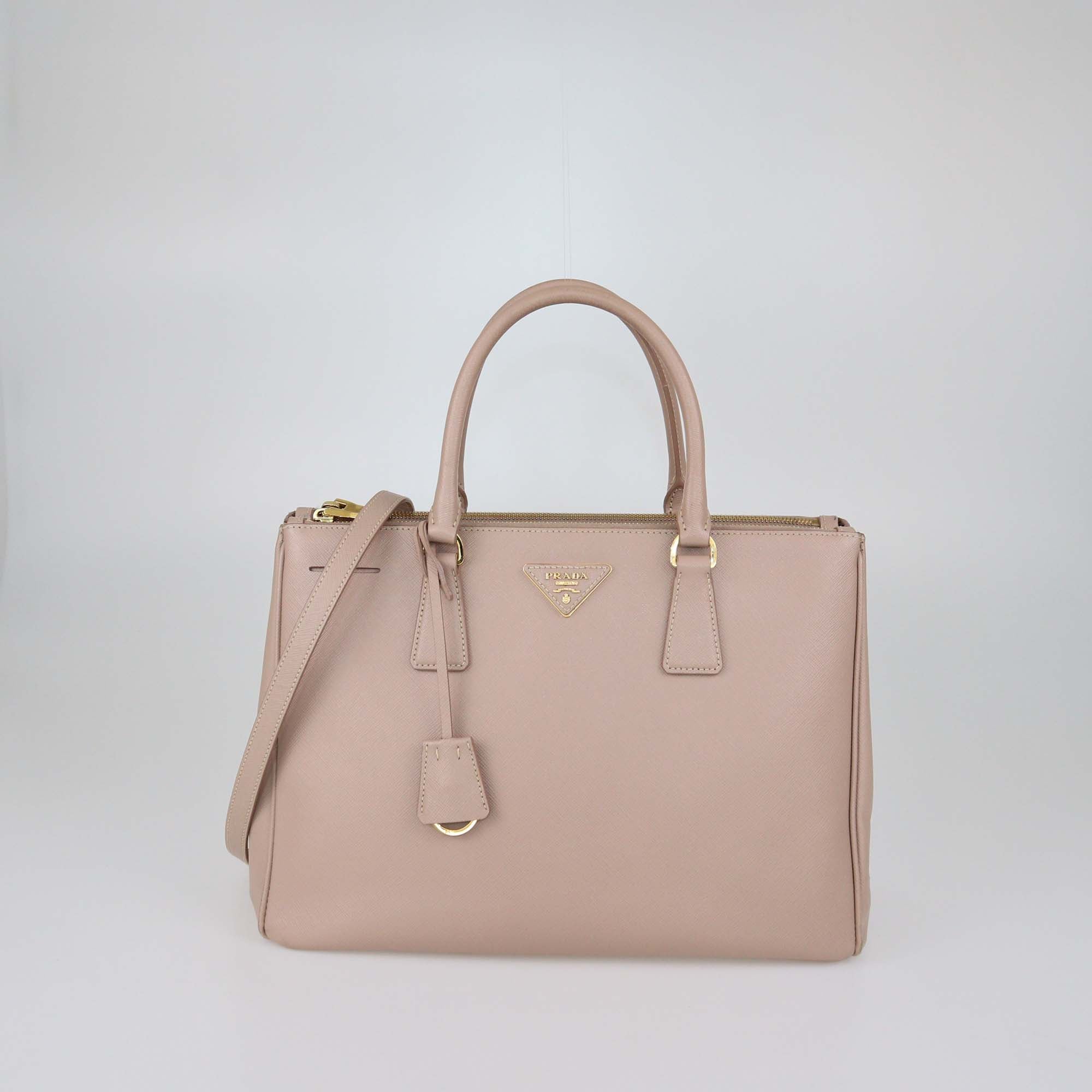 Prada Beige Saffiano Lux Leather Medium Double Zip Tote
